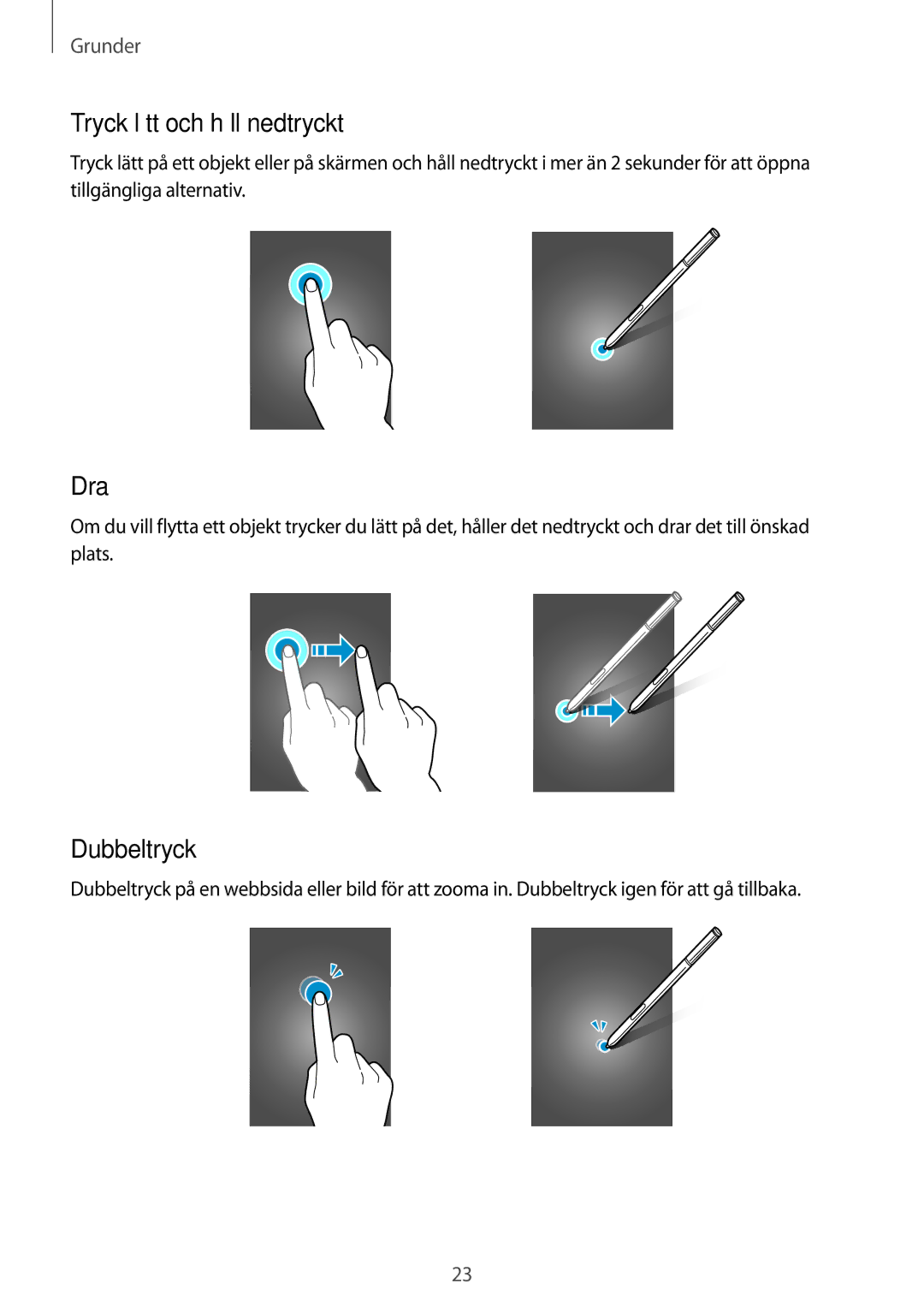 Samsung SM-N910FZKENEE, SM-N910FZWENEE, SM-N910FZDENEE, SM-N910FZIENEE manual Tryck lätt och håll nedtryckt, Dra, Dubbeltryck 
