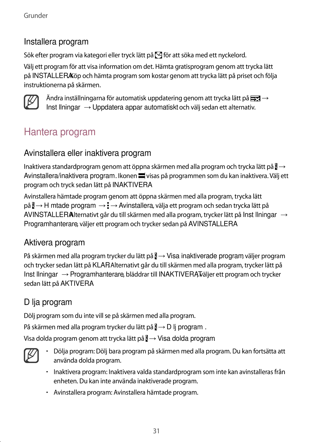 Samsung SM-N910FZKENEE manual Hantera program, Avinstallera eller inaktivera program, Aktivera program, Dölja program 