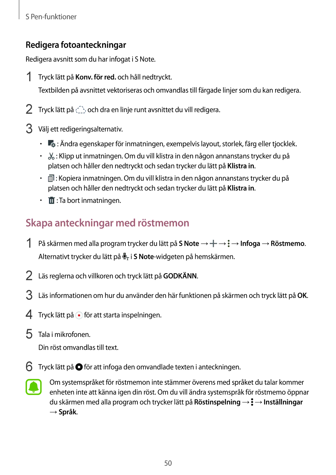 Samsung SM-N910FZIENEE, SM-N910FZWENEE, SM-N910FZDENEE manual Skapa anteckningar med röstmemon, Redigera fotoanteckningar 