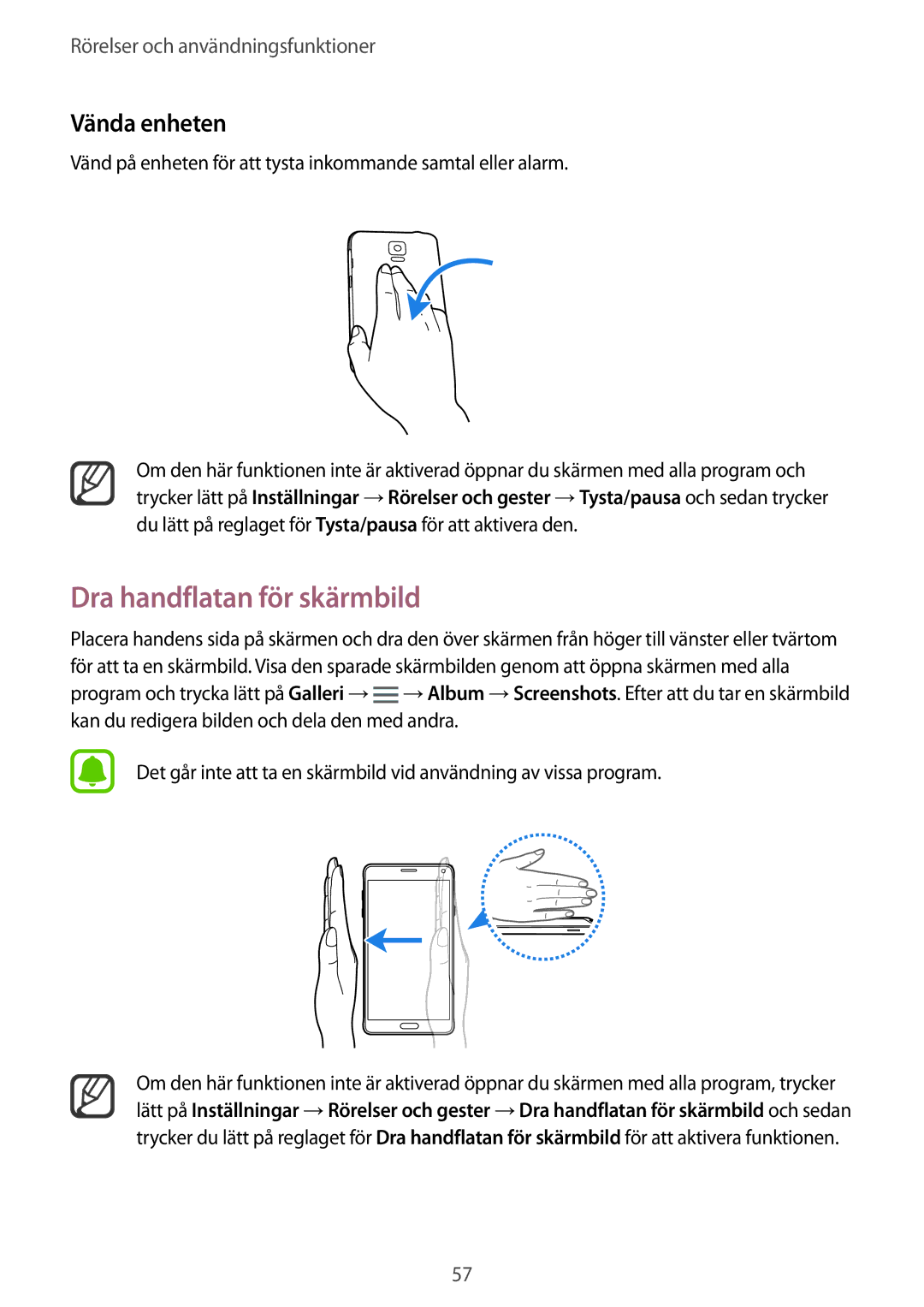 Samsung SM-N910FZDENEE, SM-N910FZWENEE, SM-N910FZIENEE, SM-N910FZKENEE manual Dra handflatan för skärmbild, Vända enheten 