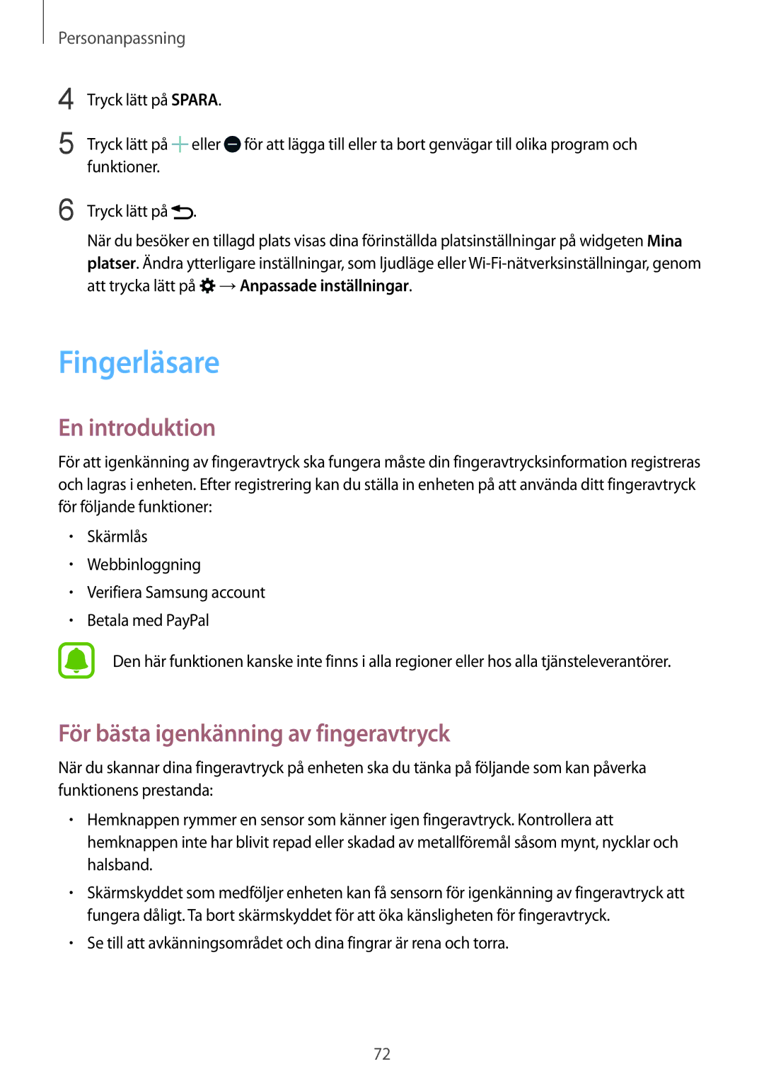 Samsung SM-N910FZWENEE, SM-N910FZDENEE, SM-N910FZIENEE, SM-N910FZKENEE Fingerläsare, För bästa igenkänning av fingeravtryck 