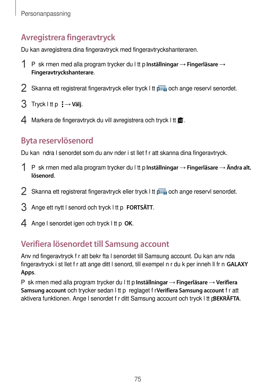 Samsung SM-N910FZKENEE manual Avregistrera fingeravtryck, Byta reservlösenord, Verifiera lösenordet till Samsung account 