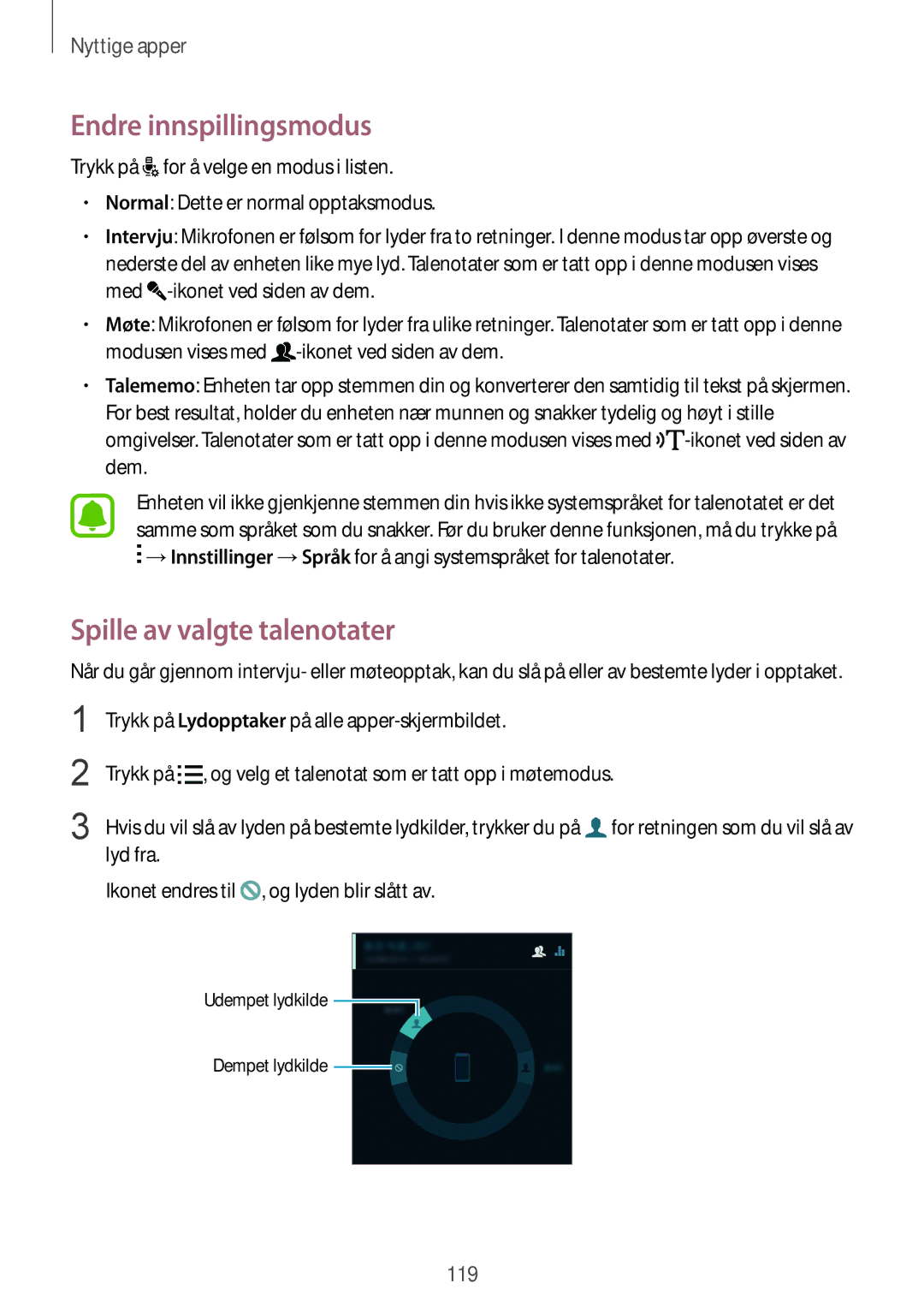 Samsung SM-N910FZKENEE, SM-N910FZWENEE, SM-N910FZDENEE, SM-N910FZIENEE Endre innspillingsmodus, Spille av valgte talenotater 