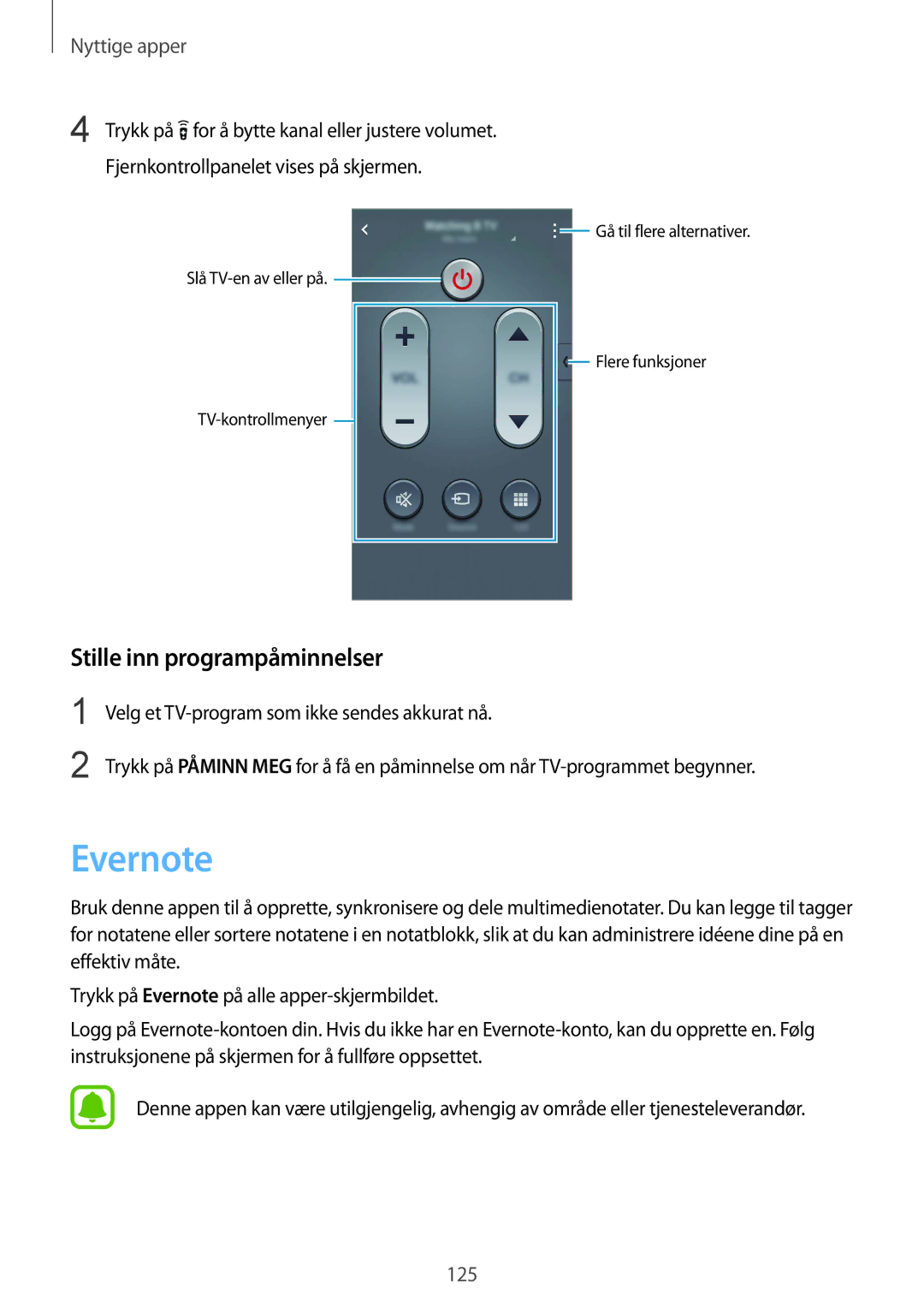 Samsung SM-N910FZDENEE, SM-N910FZWENEE, SM-N910FZIENEE, SM-N910FZKENEE manual Evernote, Stille inn programpåminnelser 