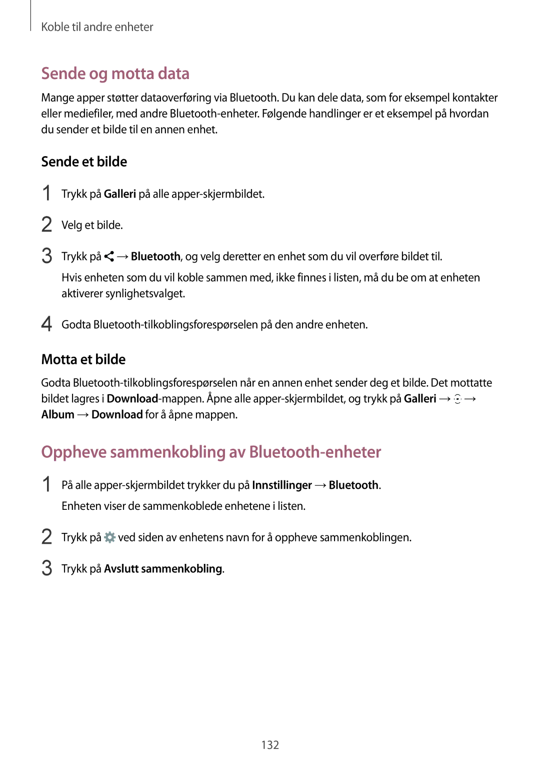 Samsung SM-N910FZWENEE Sende og motta data, Oppheve sammenkobling av Bluetooth-enheter, Sende et bilde, Motta et bilde 