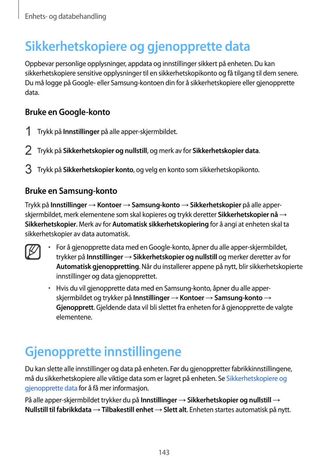 Samsung SM-N910FZKENEE manual Sikkerhetskopiere og gjenopprette data, Gjenopprette innstillingene, Bruke en Google-konto 