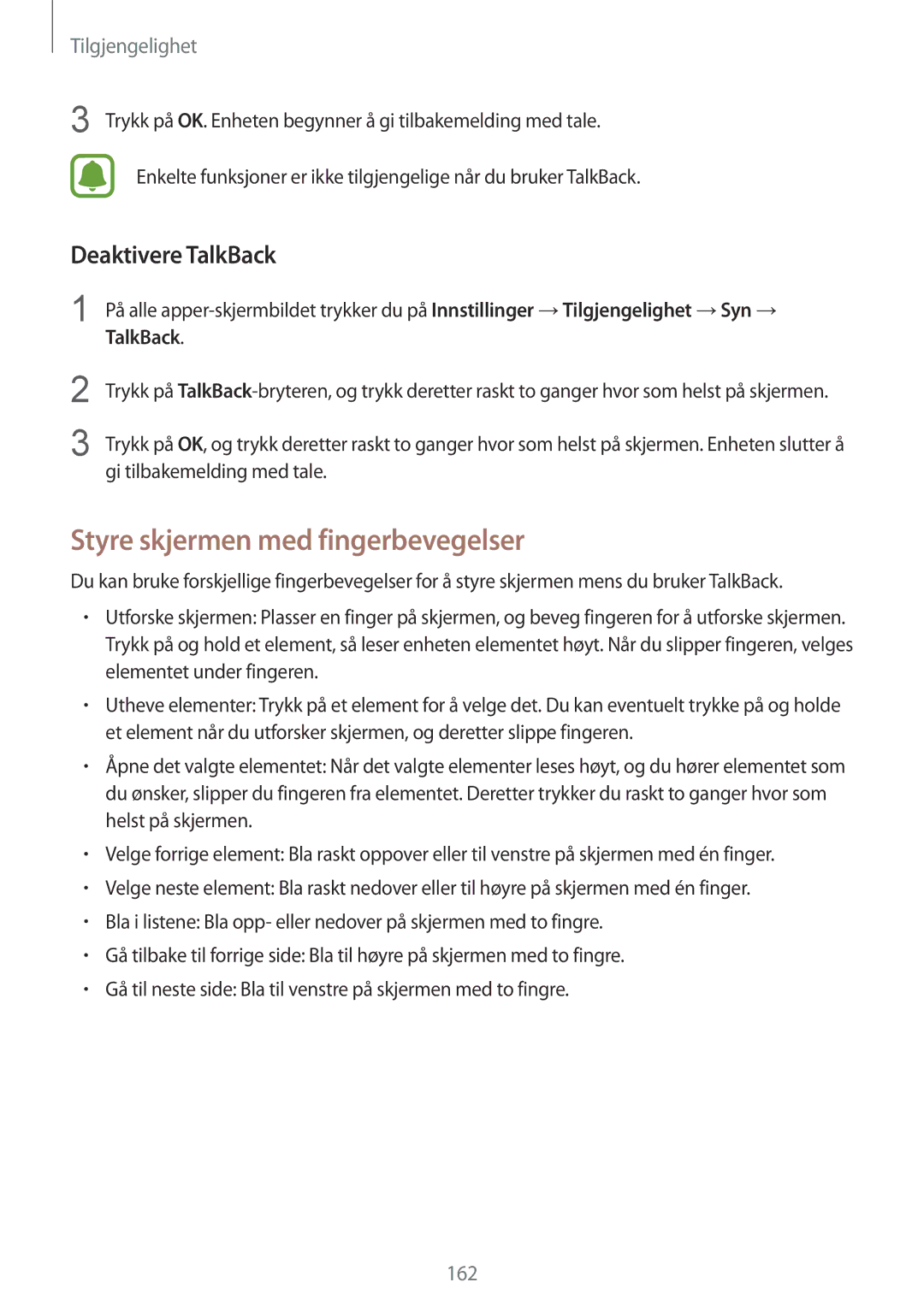 Samsung SM-N910FZIENEE, SM-N910FZWENEE, SM-N910FZDENEE manual Styre skjermen med fingerbevegelser, Deaktivere TalkBack 