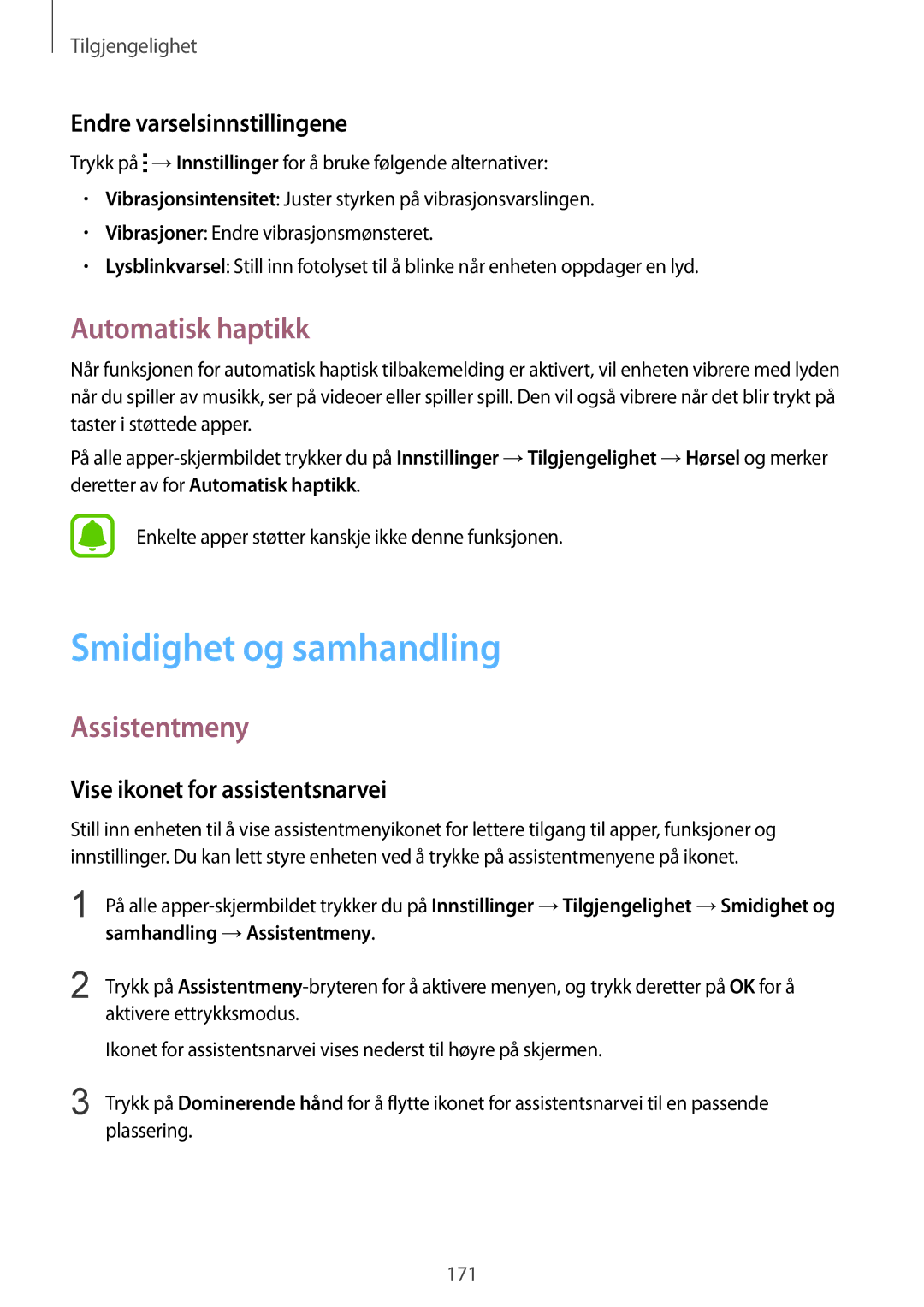 Samsung SM-N910FZKENEE manual Smidighet og samhandling, Automatisk haptikk, Assistentmeny, Endre varselsinnstillingene 