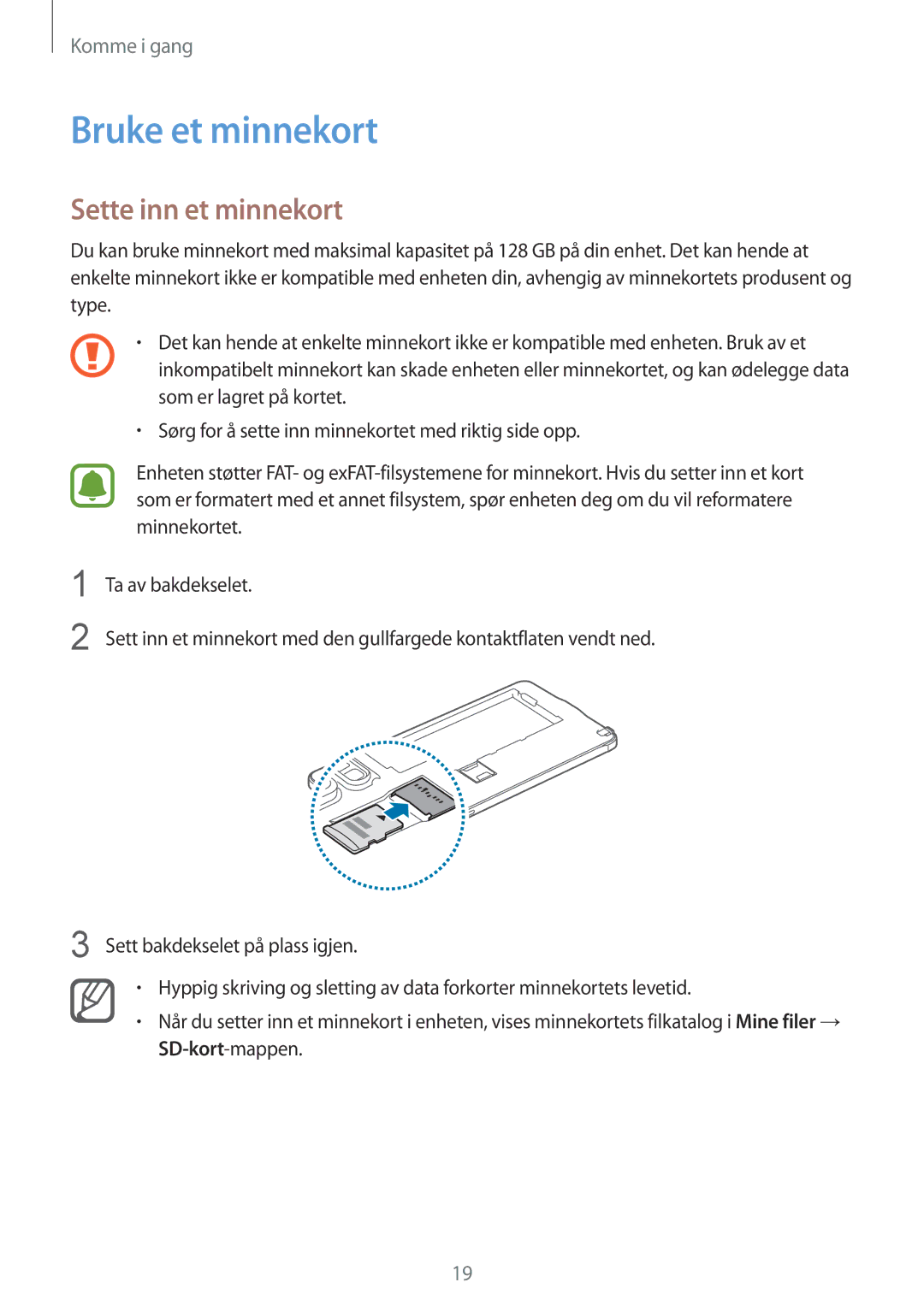 Samsung SM-N910FZKENEE, SM-N910FZWENEE, SM-N910FZDENEE, SM-N910FZIENEE manual Bruke et minnekort, Sette inn et minnekort 