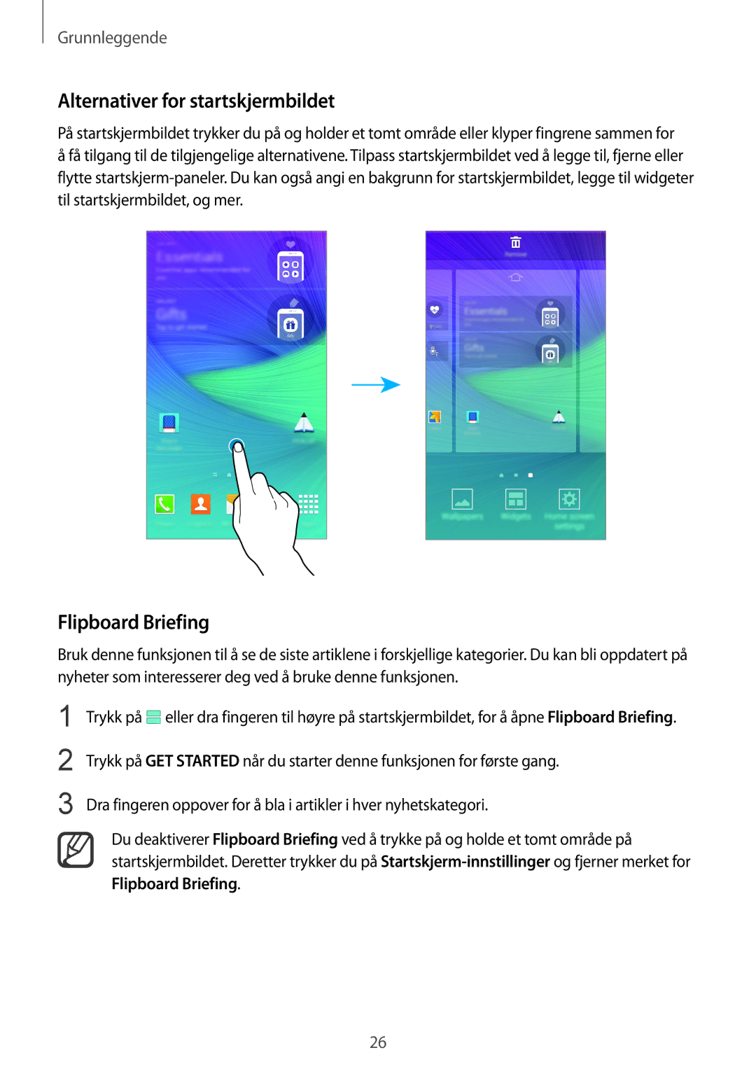 Samsung SM-N910FZIENEE, SM-N910FZWENEE, SM-N910FZDENEE manual Alternativer for startskjermbildet, Flipboard Briefing 