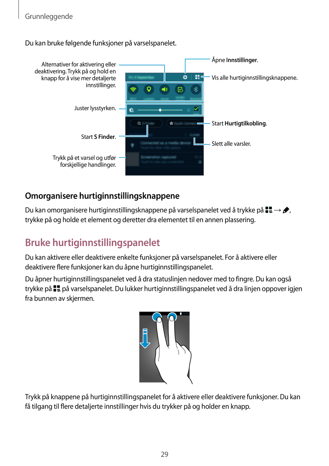 Samsung SM-N910FZDENEE, SM-N910FZWENEE manual Bruke hurtiginnstillingspanelet, Omorganisere hurtiginnstillingsknappene 