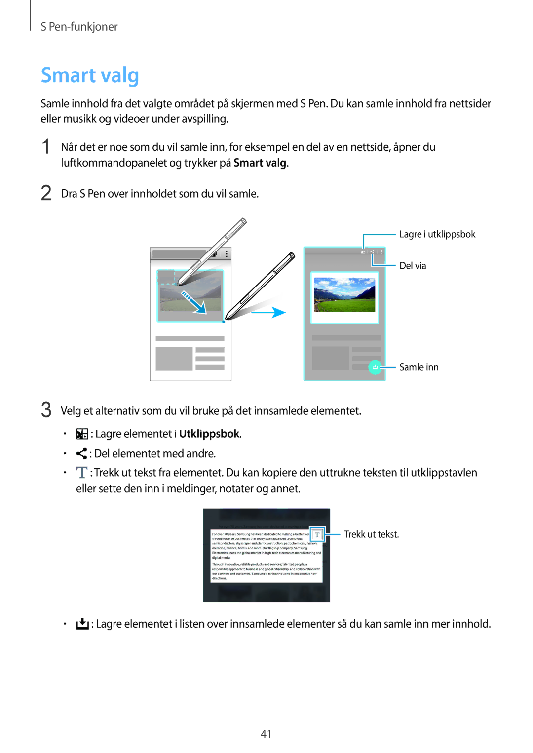 Samsung SM-N910FZDENEE manual Luftkommandopanelet og trykker på Smart valg, Dra S Pen over innholdet som du vil samle 