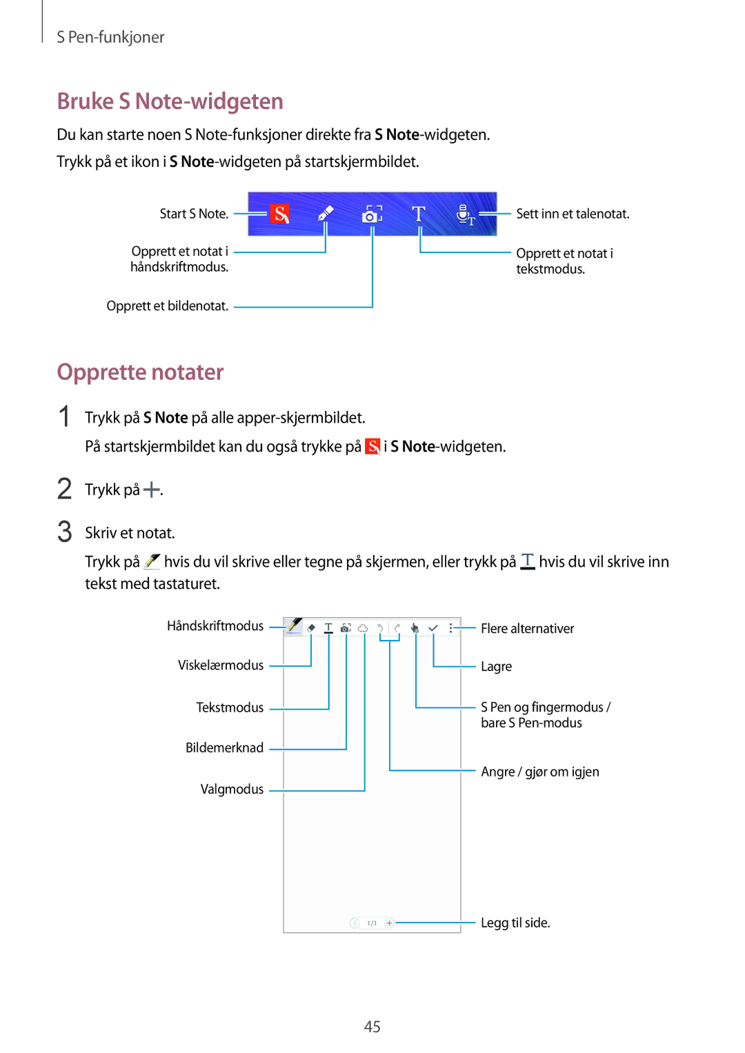 Samsung SM-N910FZDENEE, SM-N910FZWENEE, SM-N910FZIENEE, SM-N910FZKENEE manual Bruke S Note-widgeten, Opprette notater 