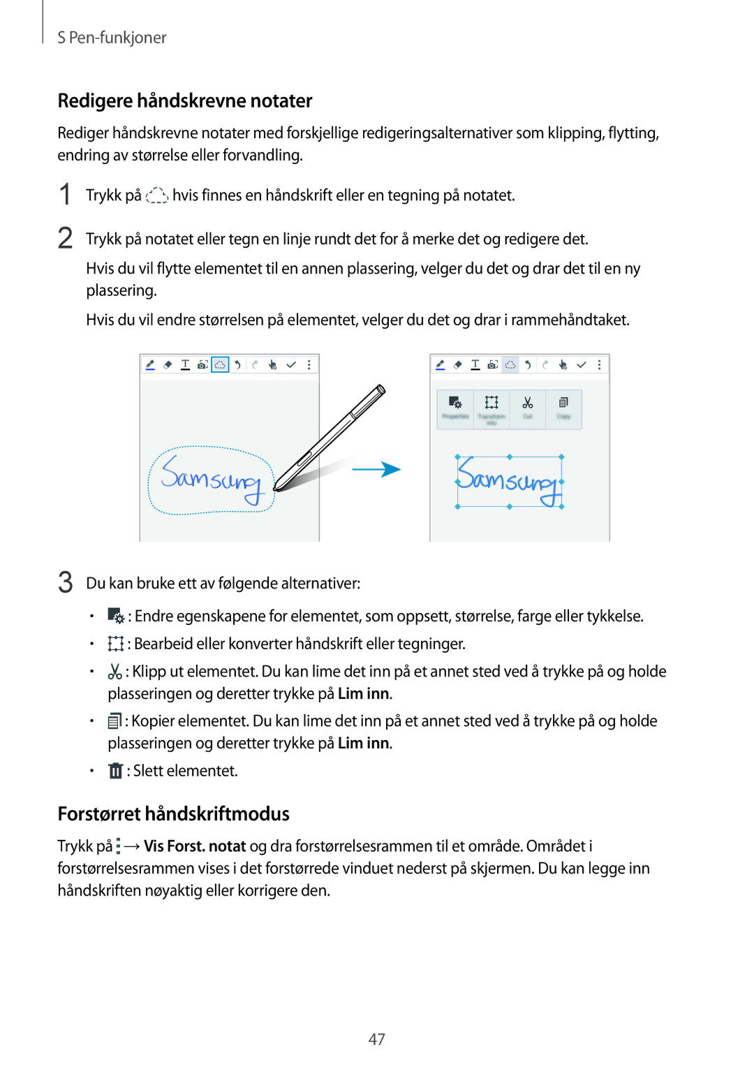 Samsung SM-N910FZKENEE, SM-N910FZWENEE, SM-N910FZDENEE manual Redigere håndskrevne notater, Forstørret håndskriftmodus 