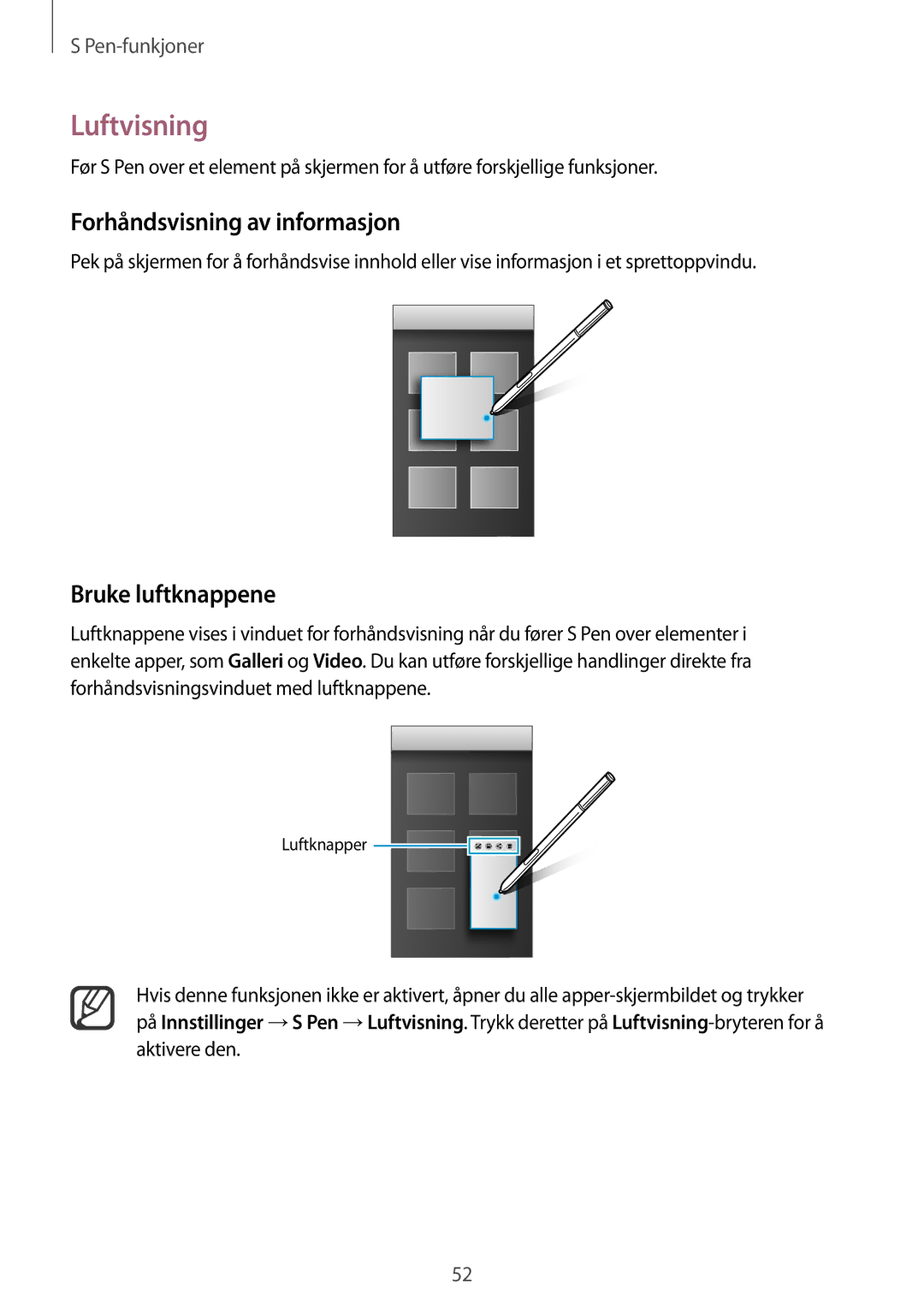 Samsung SM-N910FZWENEE, SM-N910FZDENEE, SM-N910FZIENEE manual Luftvisning, Forhåndsvisning av informasjon, Bruke luftknappene 