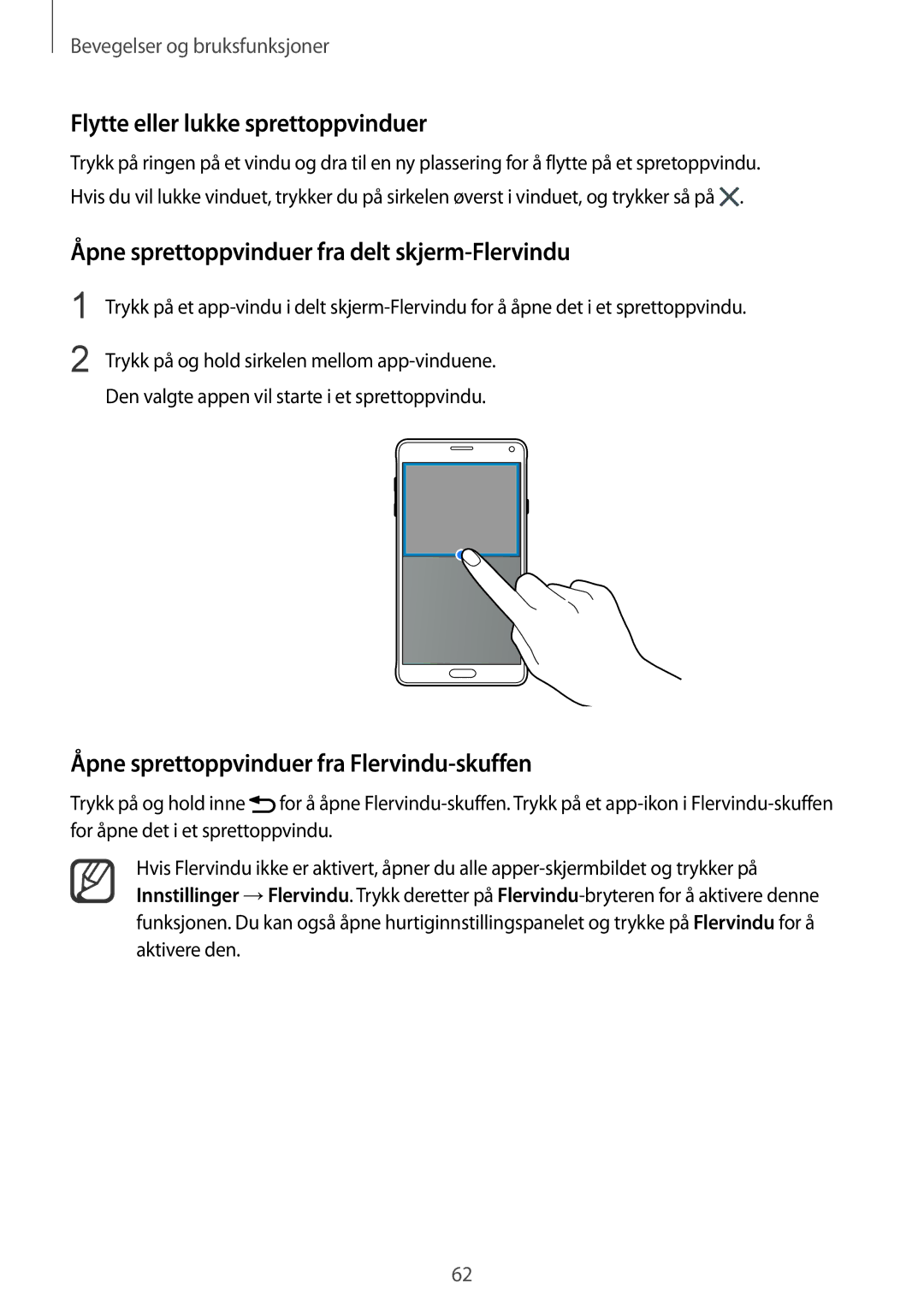 Samsung SM-N910FZIENEE manual Flytte eller lukke sprettoppvinduer, Åpne sprettoppvinduer fra delt skjerm-Flervindu 