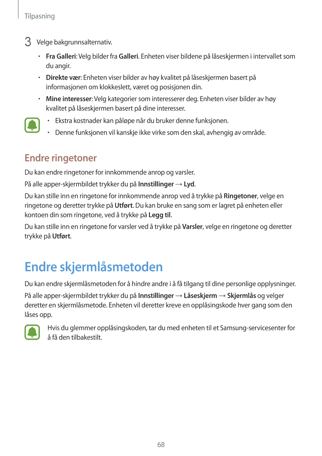 Samsung SM-N910FZWENEE, SM-N910FZDENEE, SM-N910FZIENEE, SM-N910FZKENEE manual Endre skjermlåsmetoden, Endre ringetoner 