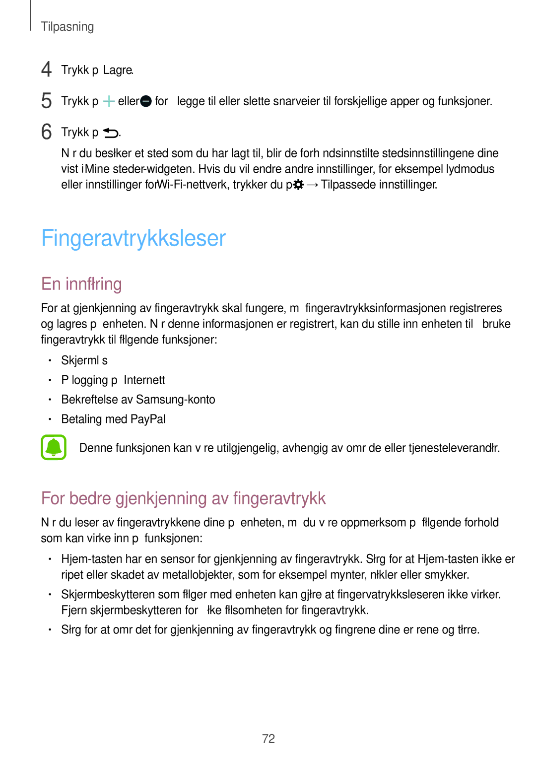 Samsung SM-N910FZWENEE, SM-N910FZDENEE manual Fingeravtrykksleser, For bedre gjenkjenning av fingeravtrykk, Trykk på Lagre 