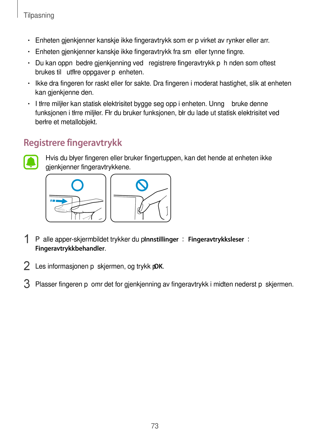 Samsung SM-N910FZDENEE, SM-N910FZWENEE, SM-N910FZIENEE, SM-N910FZKENEE manual Registrere fingeravtrykk 