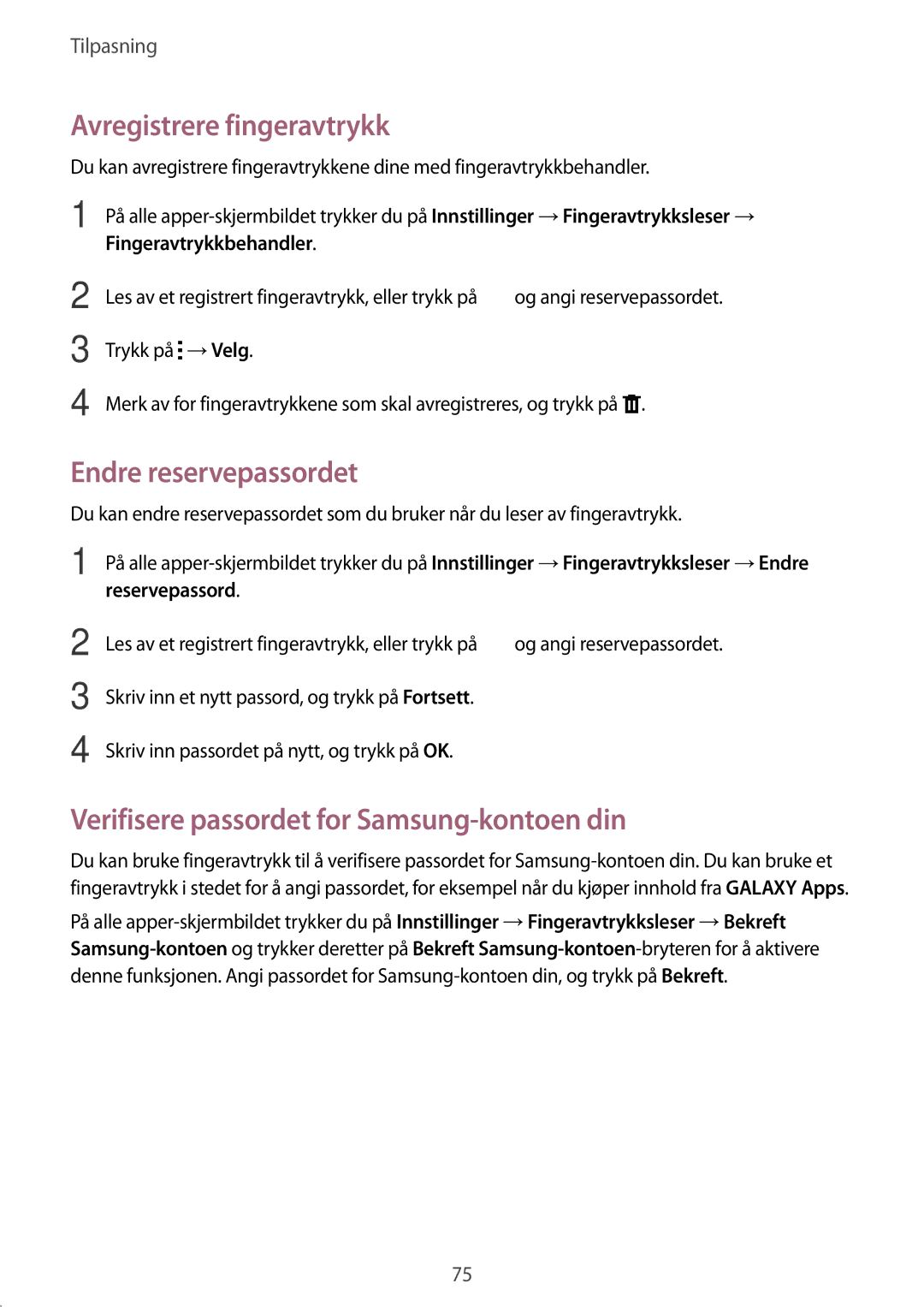 Samsung SM-N910FZKENEE Avregistrere fingeravtrykk, Endre reservepassordet, Verifisere passordet for Samsung-kontoen din 