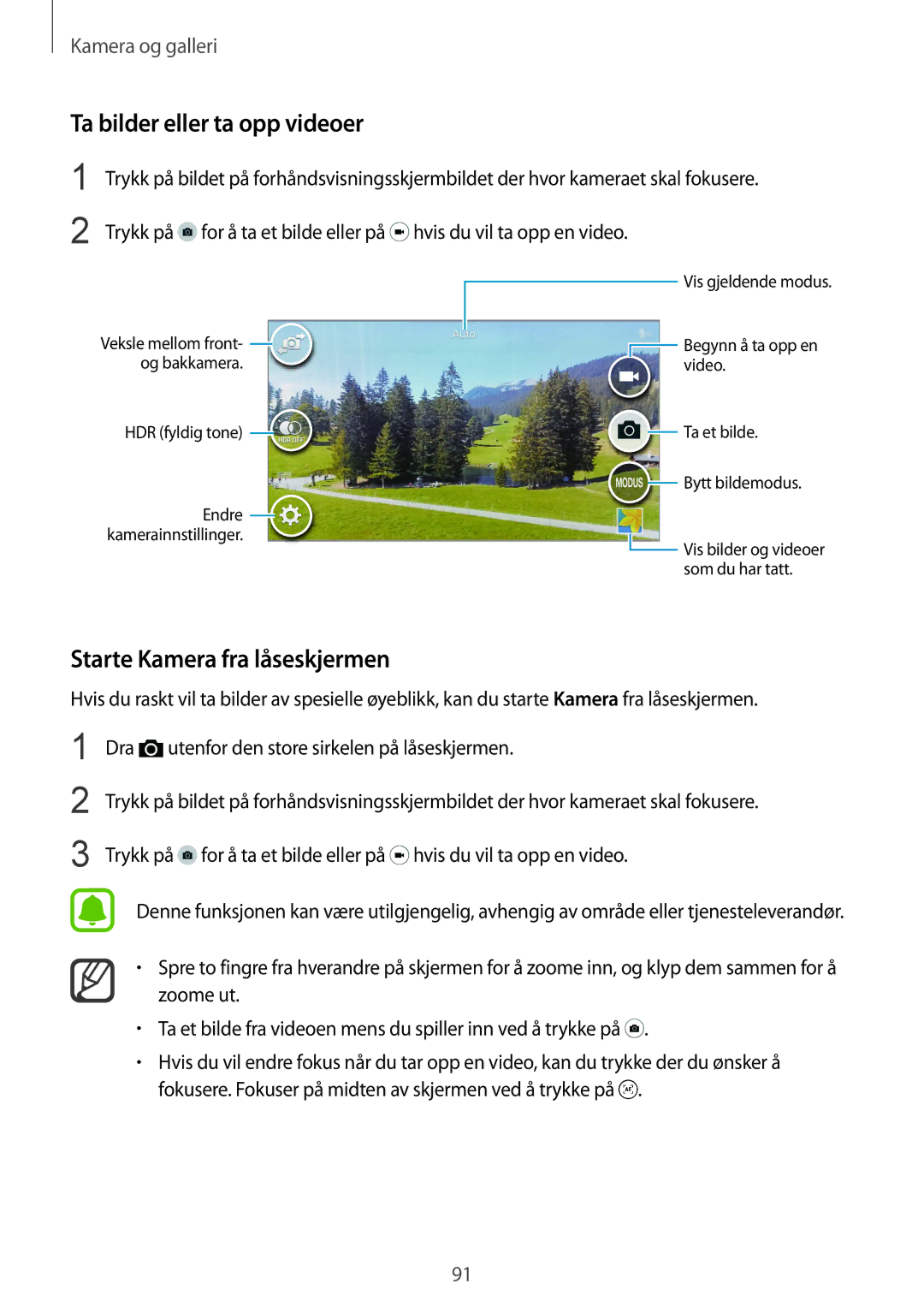 Samsung SM-N910FZKENEE, SM-N910FZWENEE, SM-N910FZDENEE manual Ta bilder eller ta opp videoer, Starte Kamera fra låseskjermen 