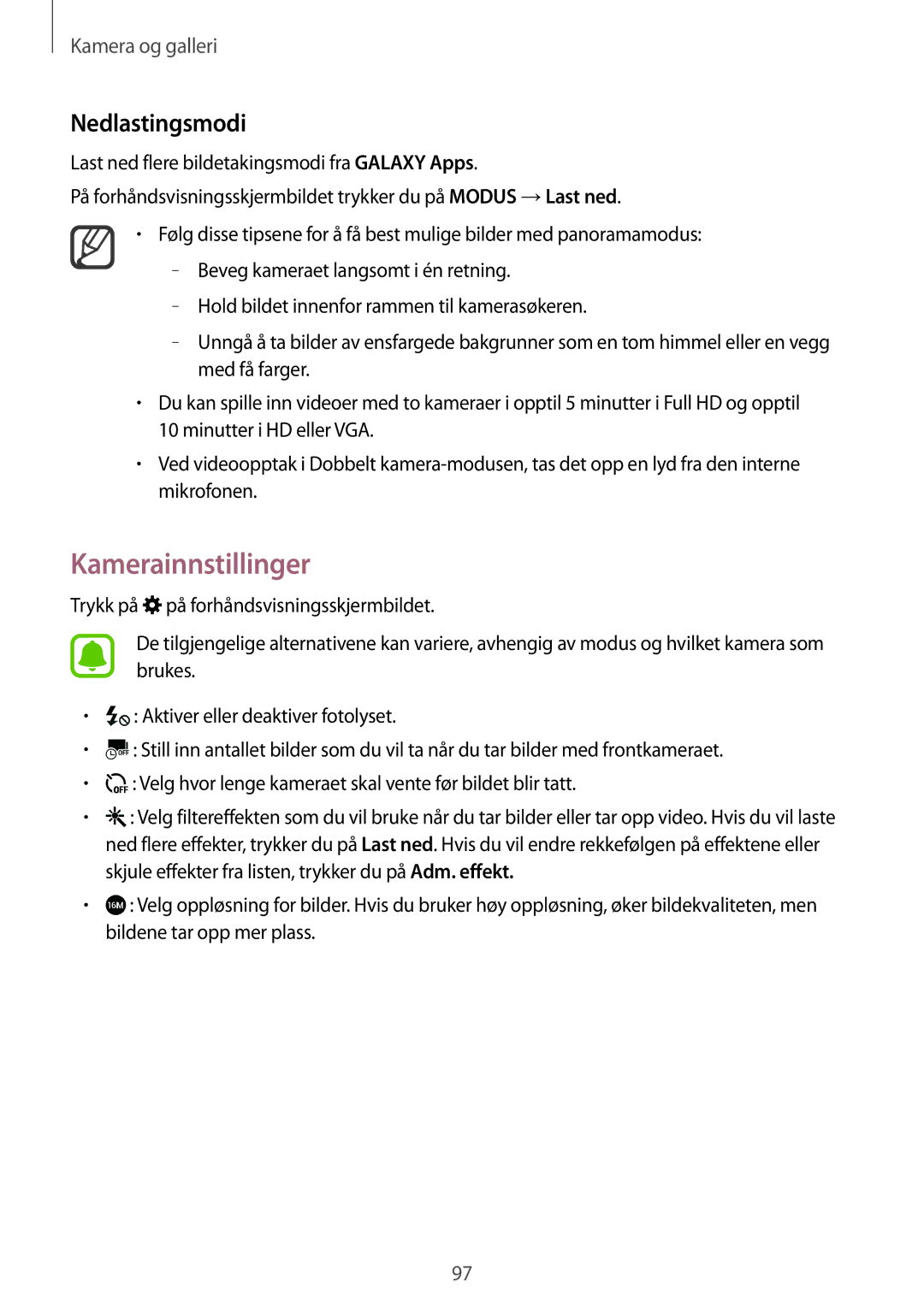 Samsung SM-N910FZDENEE, SM-N910FZWENEE, SM-N910FZIENEE, SM-N910FZKENEE manual Kamerainnstillinger, Nedlastingsmodi 