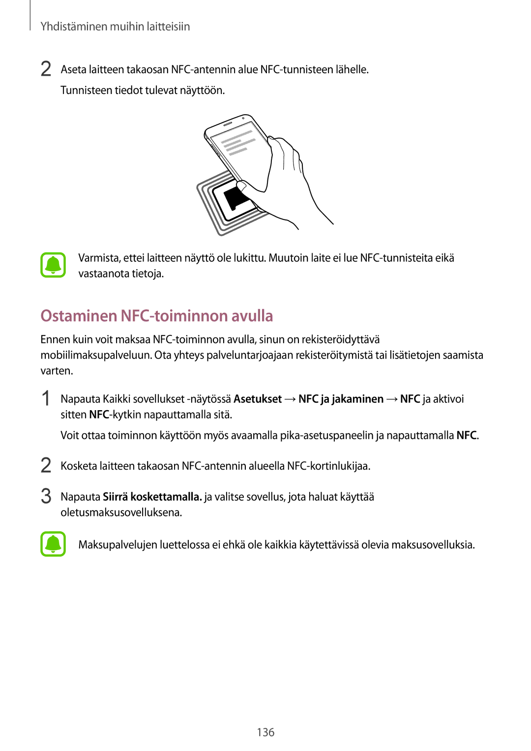 Samsung SM-N910FZWENEE, SM-N910FZDENEE, SM-N910FZIENEE, SM-N910FZKENEE manual Ostaminen NFC-toiminnon avulla 