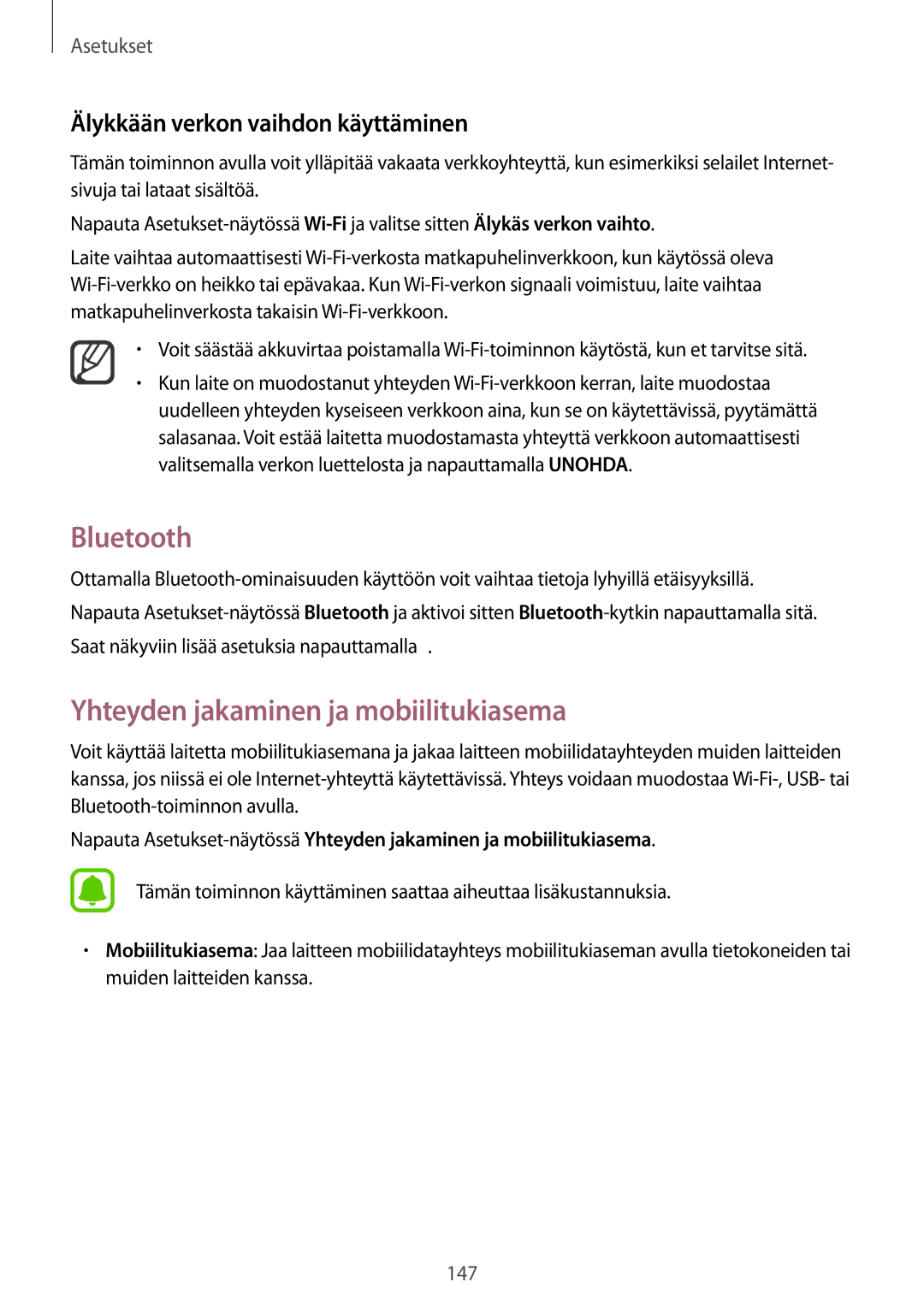 Samsung SM-N910FZKENEE manual Bluetooth, Yhteyden jakaminen ja mobiilitukiasema, Älykkään verkon vaihdon käyttäminen 