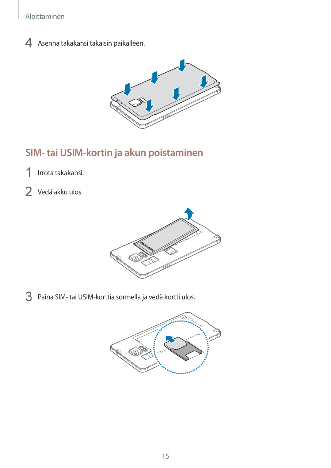 Samsung SM-N910FZKENEE, SM-N910FZWENEE manual SIM- tai USIM-kortin ja akun poistaminen, Asenna takakansi takaisin paikalleen 