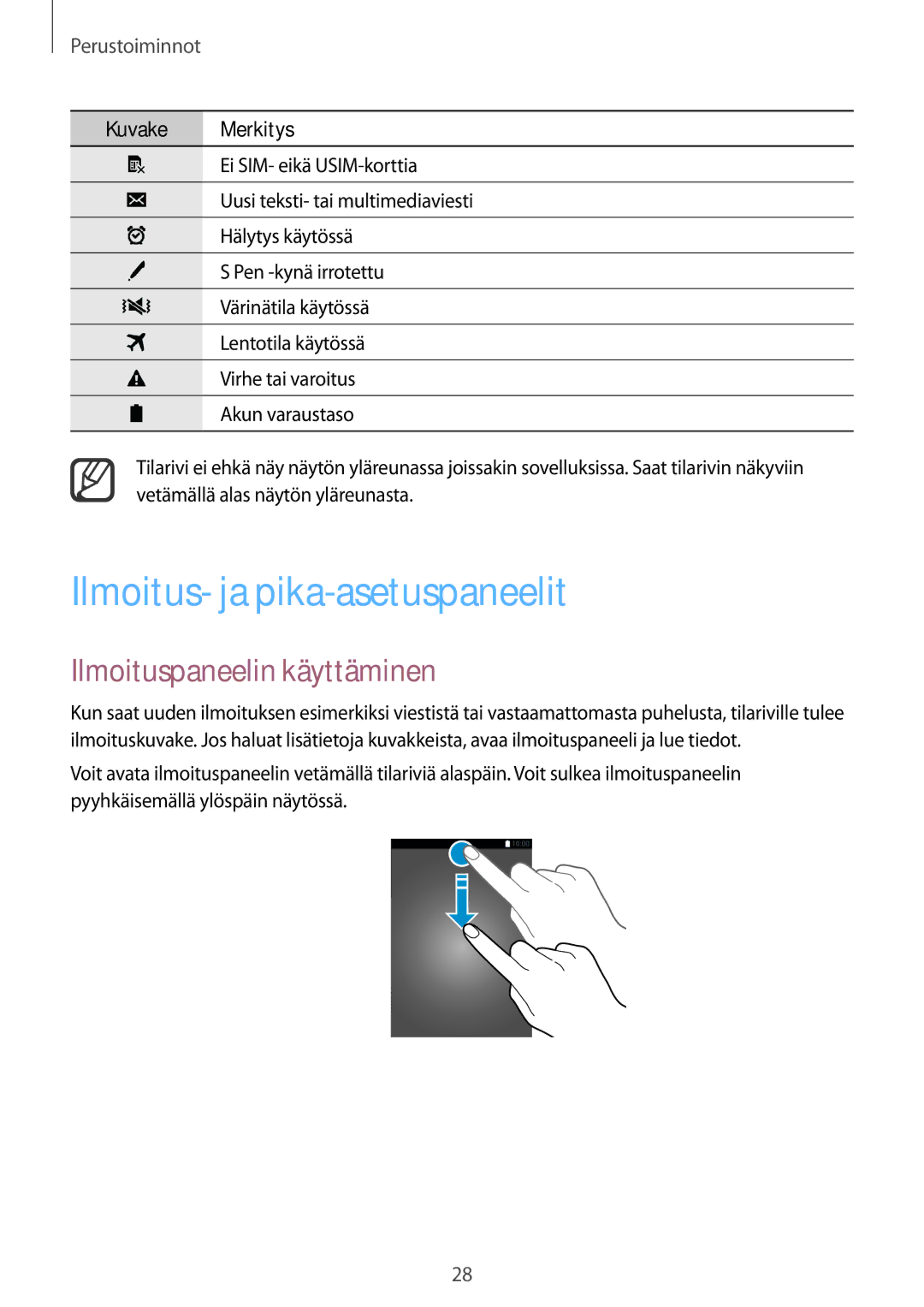 Samsung SM-N910FZWENEE, SM-N910FZDENEE, SM-N910FZIENEE manual Ilmoitus- ja pika-asetuspaneelit, Ilmoituspaneelin käyttäminen 