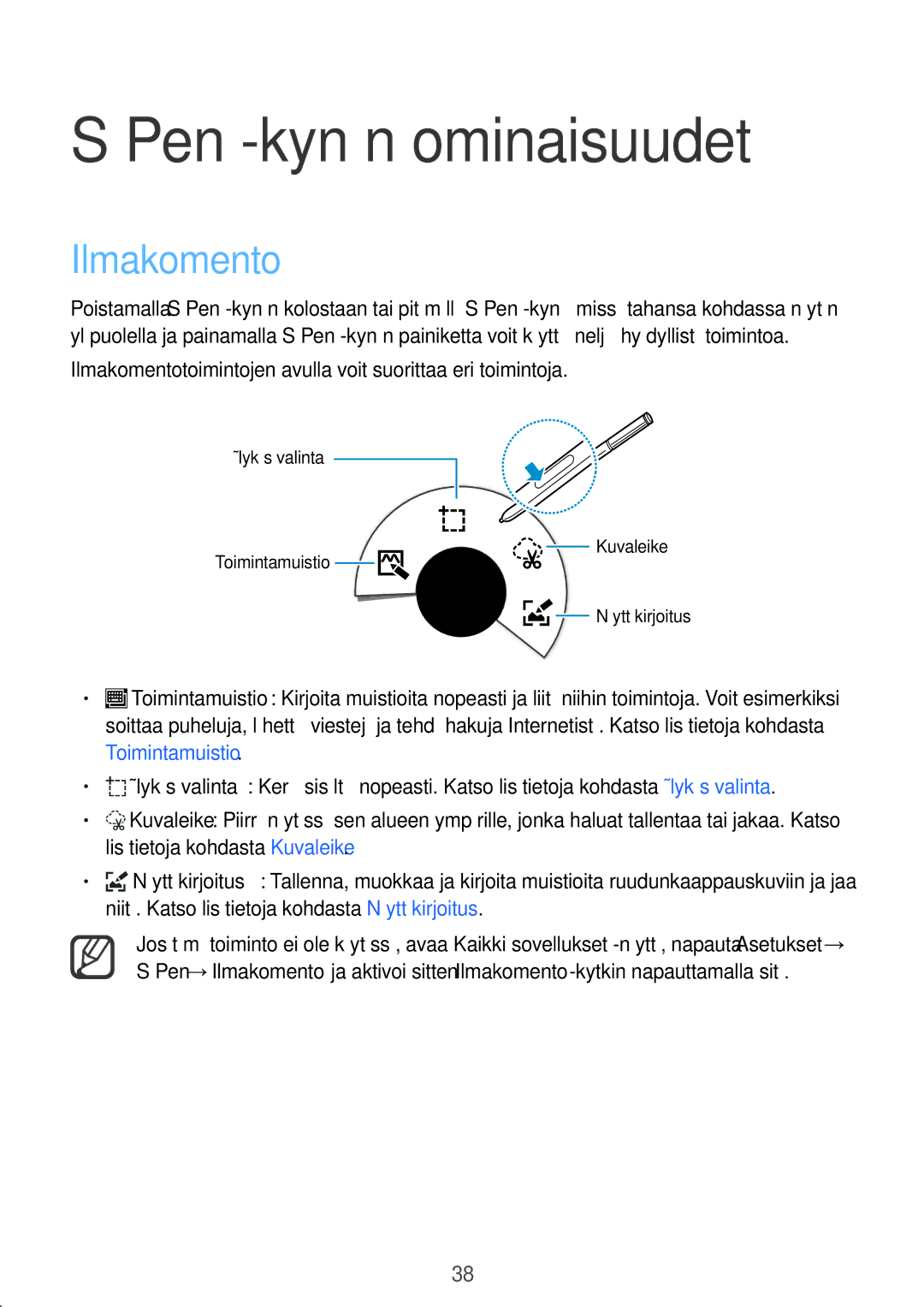 Samsung SM-N910FZIENEE manual Pen -kynän ominaisuudet, Ilmakomentotoimintojen avulla voit suorittaa eri toimintoja 