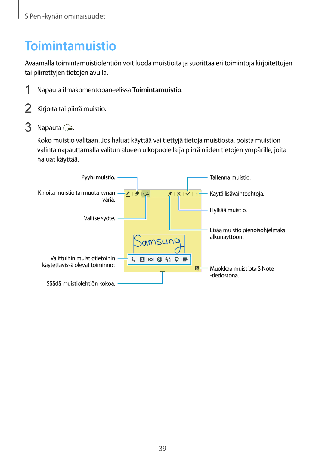 Samsung SM-N910FZKENEE, SM-N910FZWENEE, SM-N910FZDENEE, SM-N910FZIENEE manual Toimintamuistio 