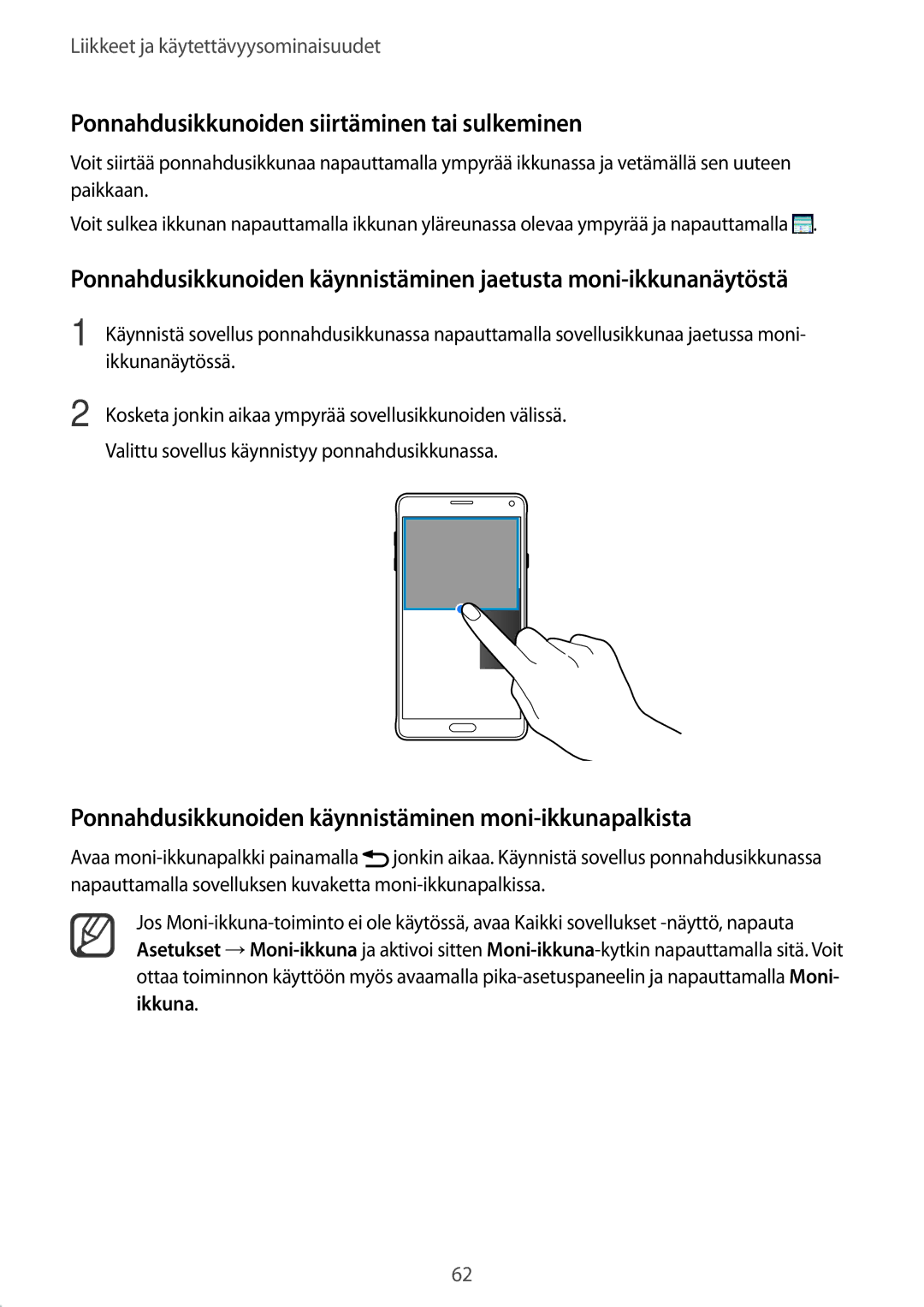 Samsung SM-N910FZIENEE, SM-N910FZWENEE, SM-N910FZDENEE manual Ponnahdusikkunoiden siirtäminen tai sulkeminen, Ikkunanäytössä 