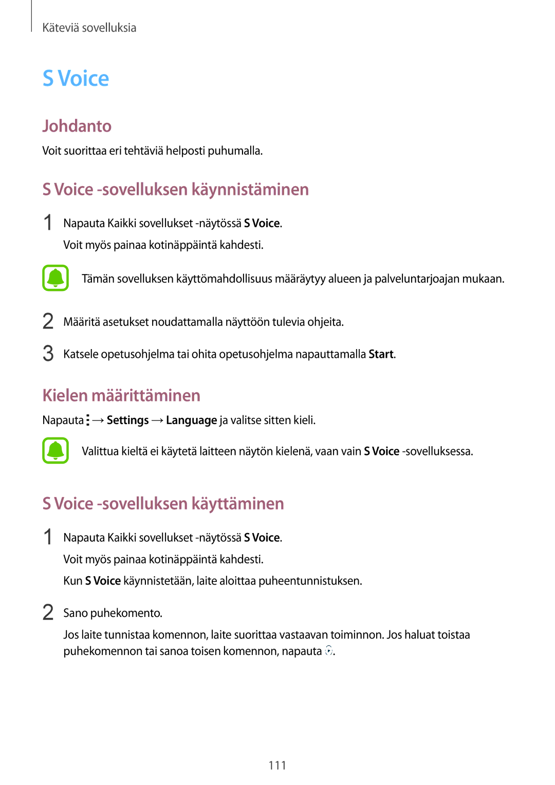 Samsung SM-N910FZKENEE manual Voice -sovelluksen käynnistäminen, Kielen määrittäminen, Voice -sovelluksen käyttäminen 