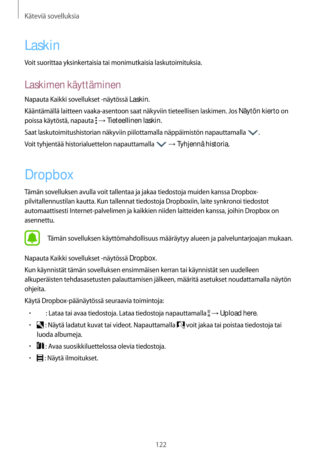 Samsung SM-N910FZIENEE, SM-N910FZWENEE, SM-N910FZDENEE, SM-N910FZKENEE manual Laskin, Dropbox, Laskimen käyttäminen 