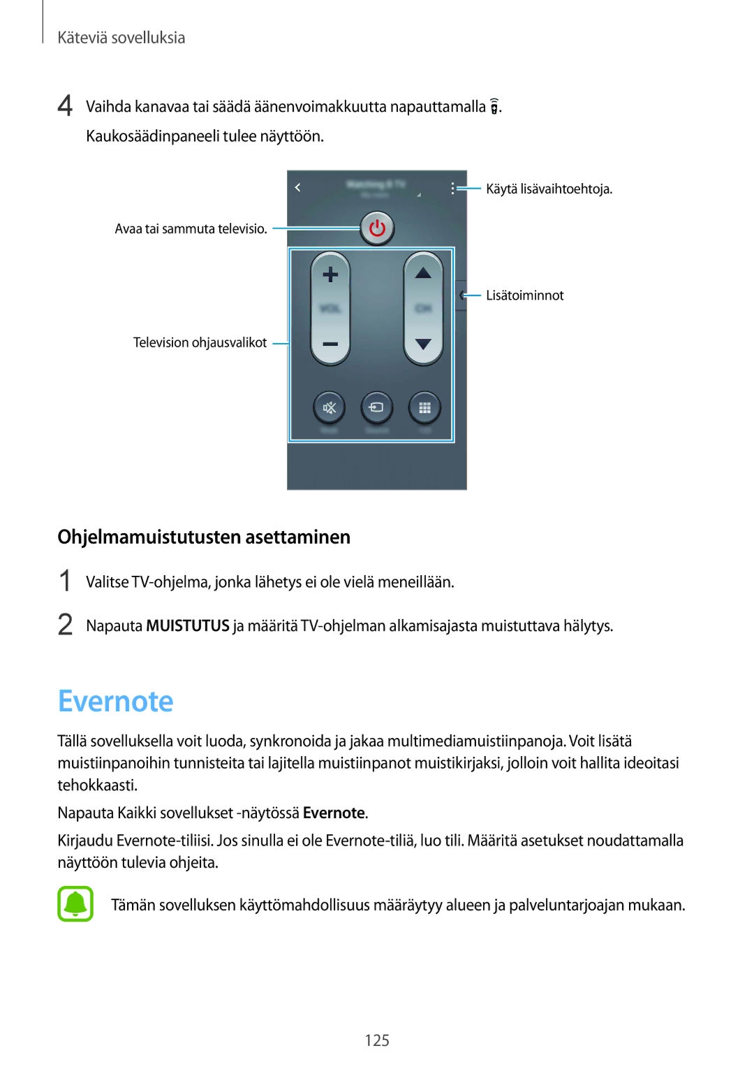 Samsung SM-N910FZDENEE, SM-N910FZWENEE, SM-N910FZIENEE, SM-N910FZKENEE manual Evernote, Ohjelmamuistutusten asettaminen 