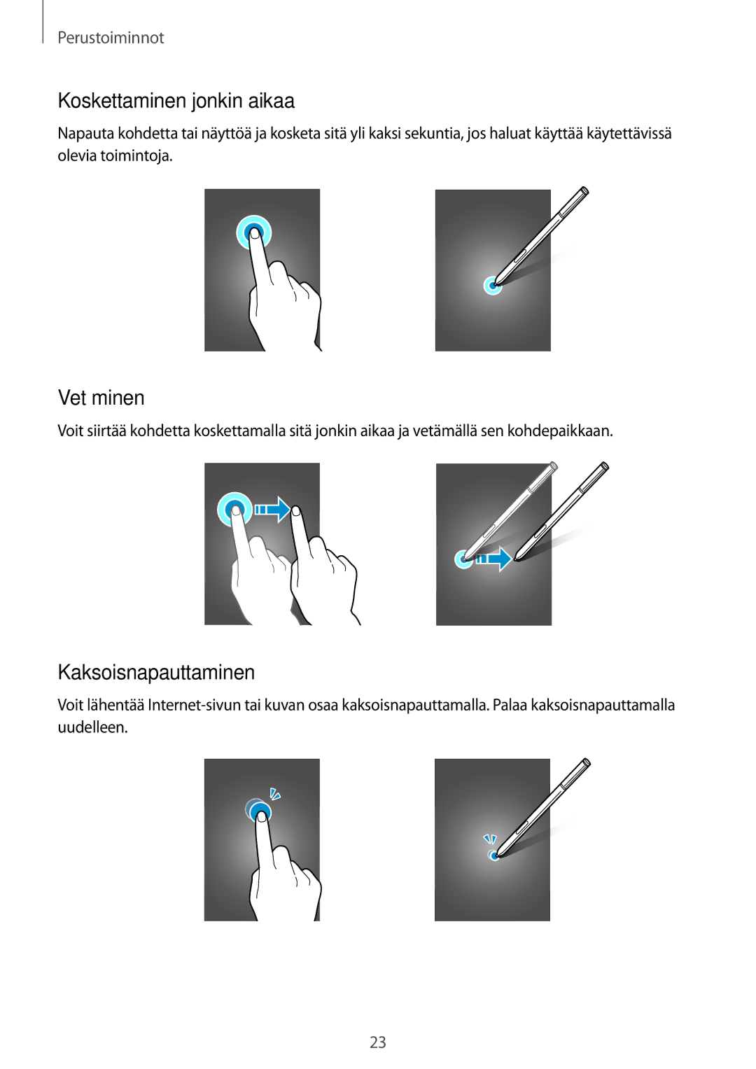 Samsung SM-N910FZKENEE, SM-N910FZWENEE, SM-N910FZDENEE manual Koskettaminen jonkin aikaa, Vetäminen, Kaksoisnapauttaminen 