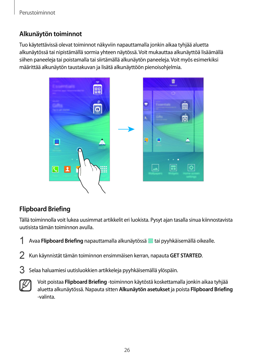 Samsung SM-N910FZIENEE, SM-N910FZWENEE, SM-N910FZDENEE, SM-N910FZKENEE manual Alkunäytön toiminnot, Flipboard Briefing 