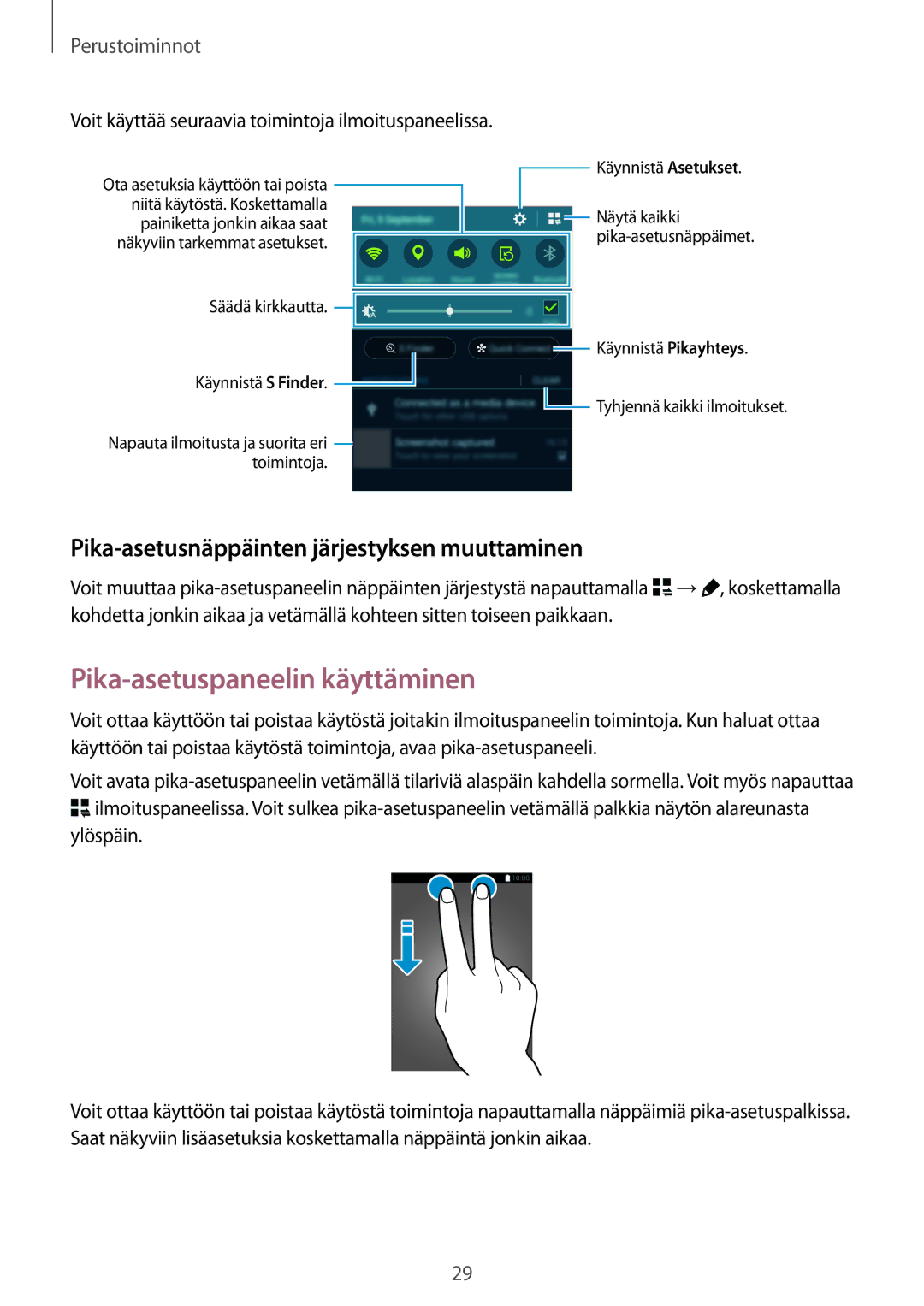 Samsung SM-N910FZDENEE manual Pika-asetuspaneelin käyttäminen, Pika-asetusnäppäinten järjestyksen muuttaminen, Ylöspäin 