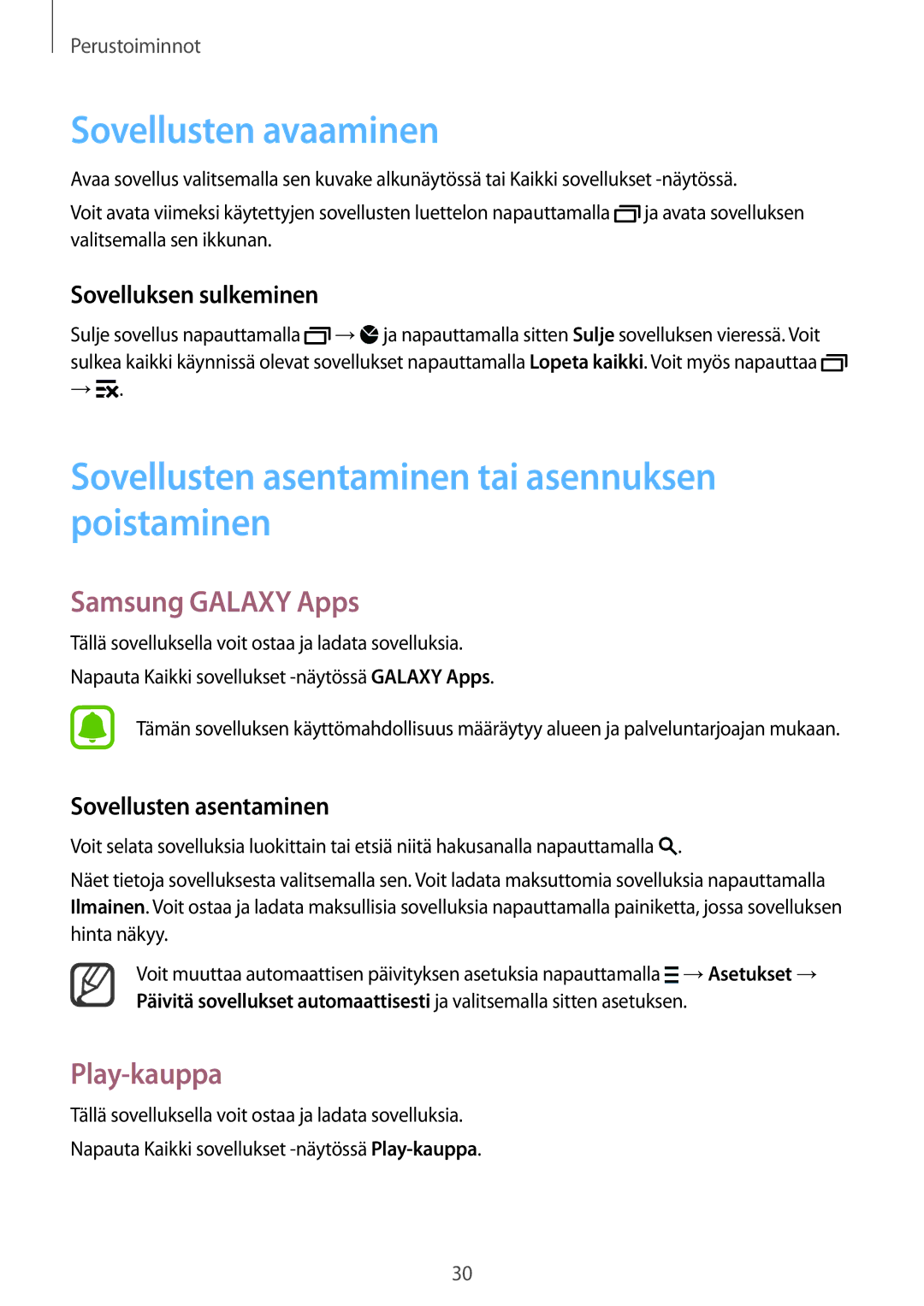 Samsung SM-N910FZIENEE Sovellusten avaaminen, Sovellusten asentaminen tai asennuksen poistaminen, Samsung Galaxy Apps 