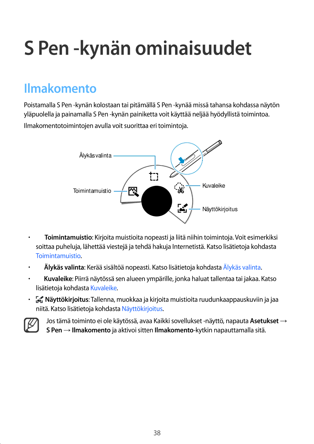 Samsung SM-N910FZIENEE manual Pen -kynän ominaisuudet, Ilmakomentotoimintojen avulla voit suorittaa eri toimintoja 