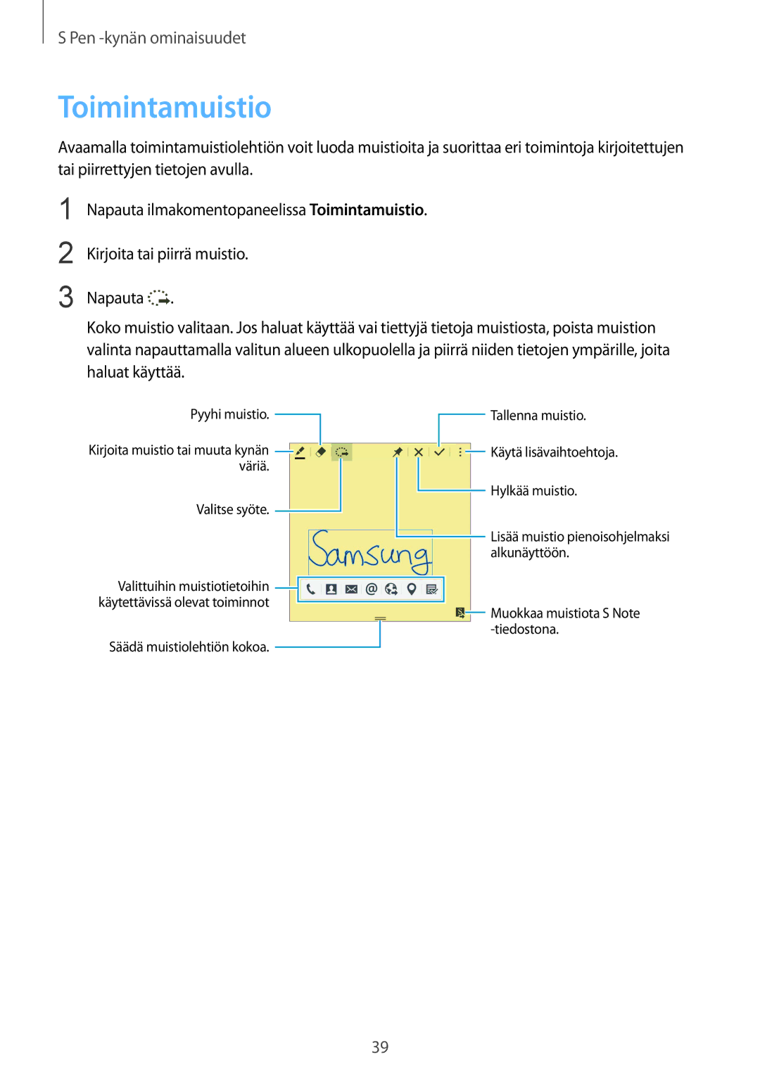 Samsung SM-N910FZKENEE, SM-N910FZWENEE, SM-N910FZDENEE, SM-N910FZIENEE manual Toimintamuistio 