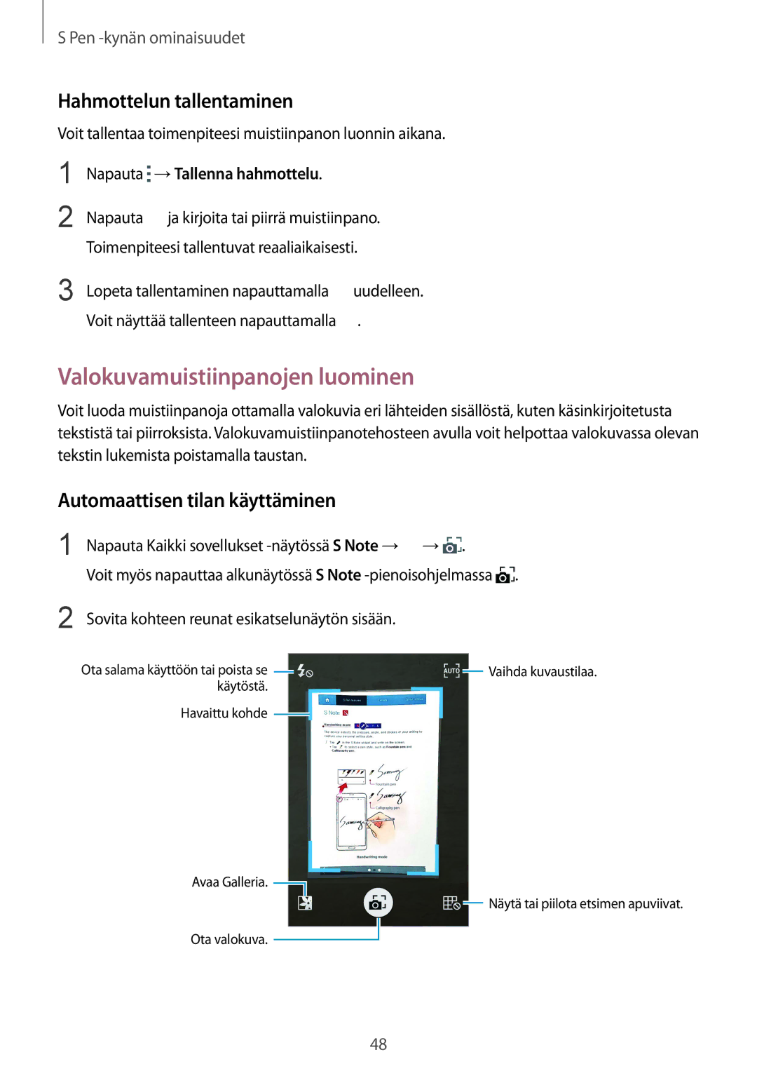 Samsung SM-N910FZWENEE manual Valokuvamuistiinpanojen luominen, Hahmottelun tallentaminen, Automaattisen tilan käyttäminen 