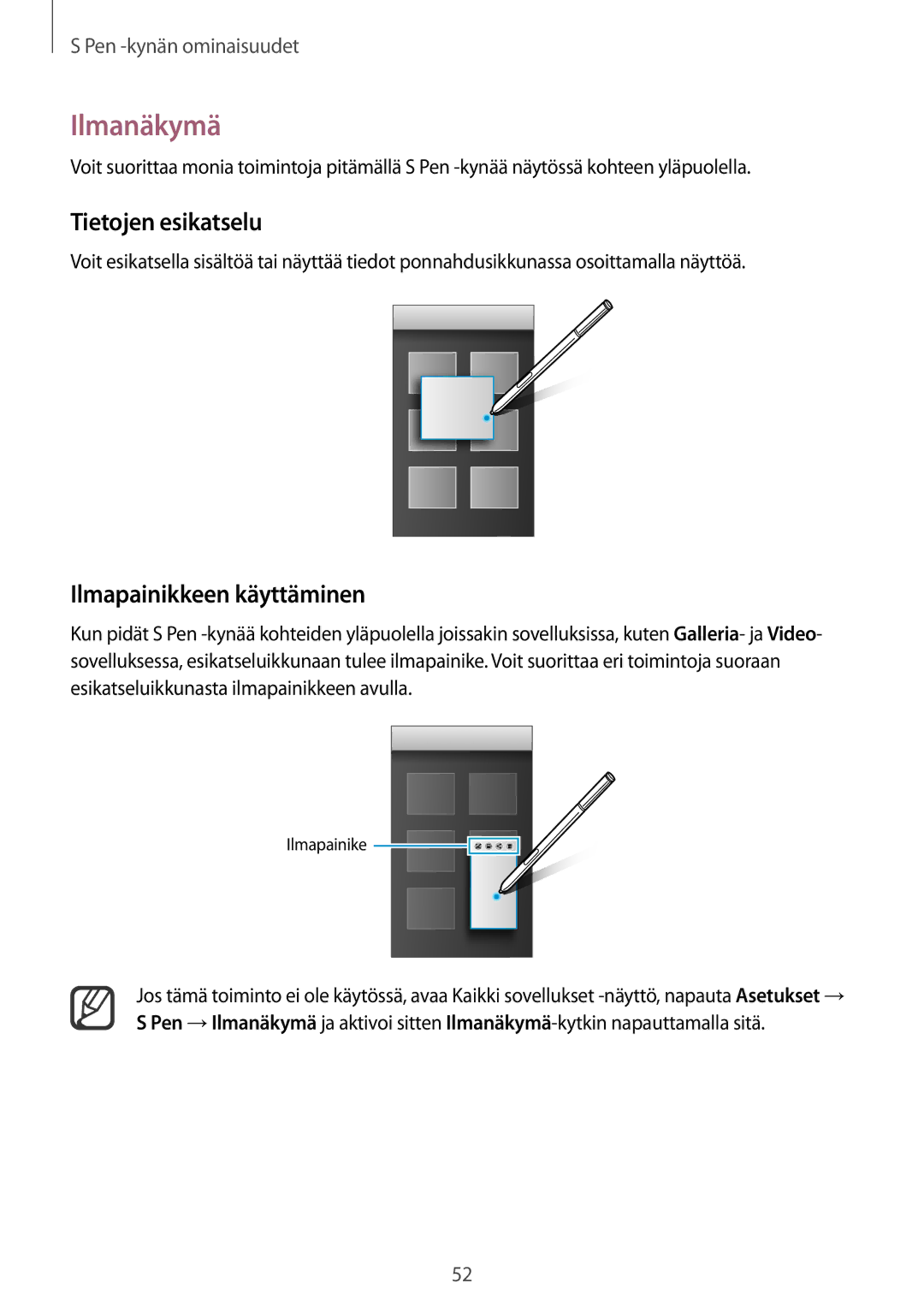 Samsung SM-N910FZWENEE, SM-N910FZDENEE, SM-N910FZIENEE manual Ilmanäkymä, Tietojen esikatselu, Ilmapainikkeen käyttäminen 