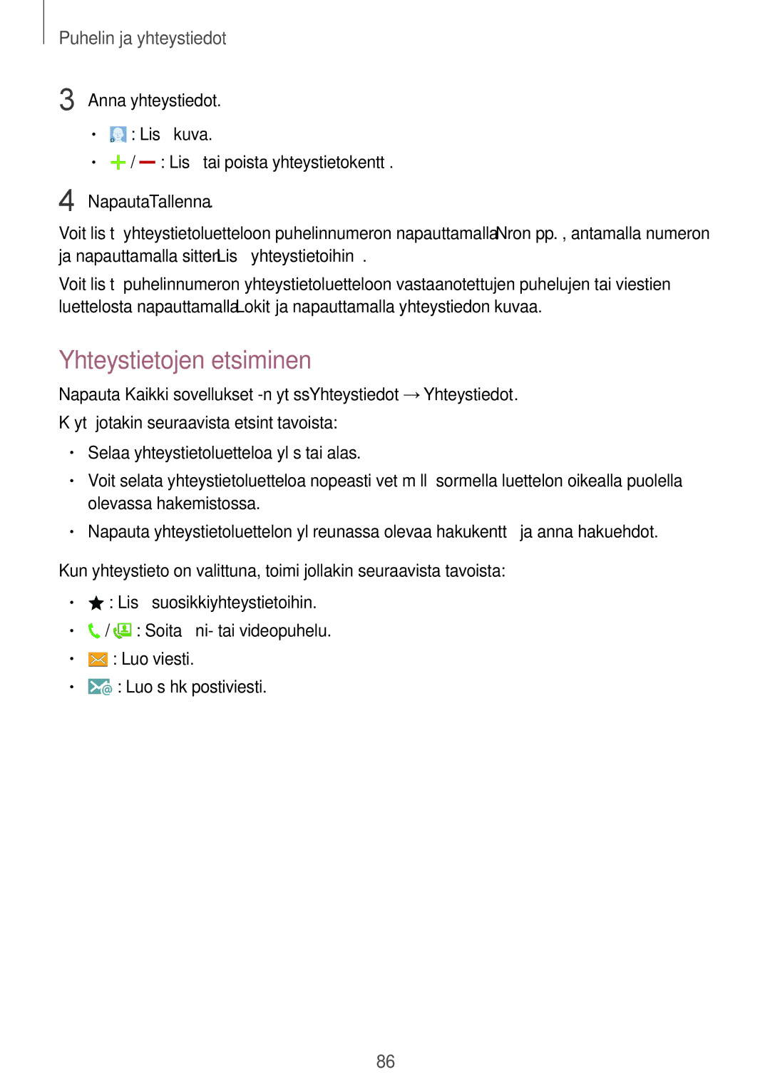 Samsung SM-N910FZIENEE, SM-N910FZWENEE, SM-N910FZDENEE, SM-N910FZKENEE manual Yhteystietojen etsiminen 