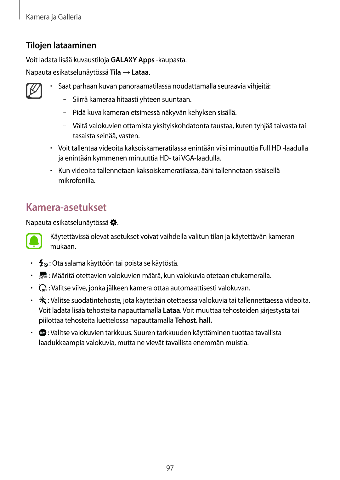 Samsung SM-N910FZDENEE, SM-N910FZWENEE, SM-N910FZIENEE, SM-N910FZKENEE manual Kamera-asetukset, Tilojen lataaminen 