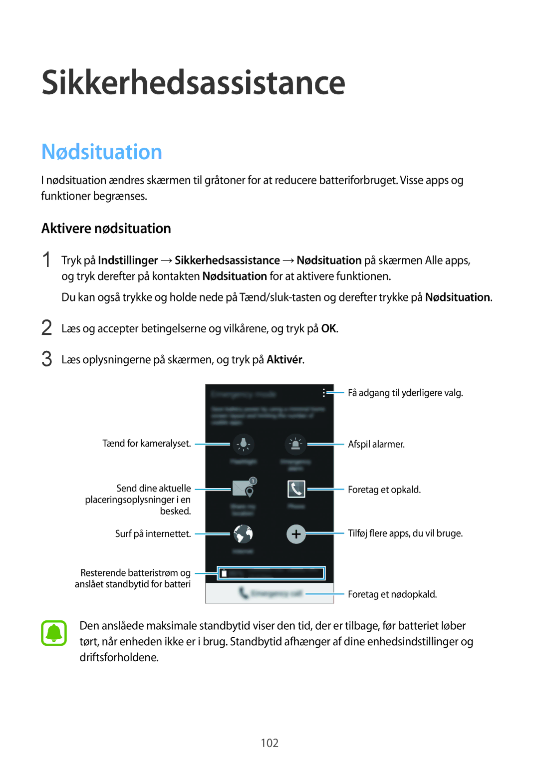 Samsung SM-N910FZIENEE, SM-N910FZWENEE, SM-N910FZDENEE manual Sikkerhedsassistance, Nødsituation, Aktivere nødsituation 