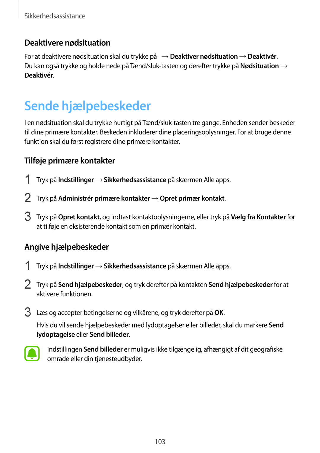 Samsung SM-N910FZKENEE Sende hjælpebeskeder, Deaktivere nødsituation, Tilføje primære kontakter, Angive hjælpebeskeder 