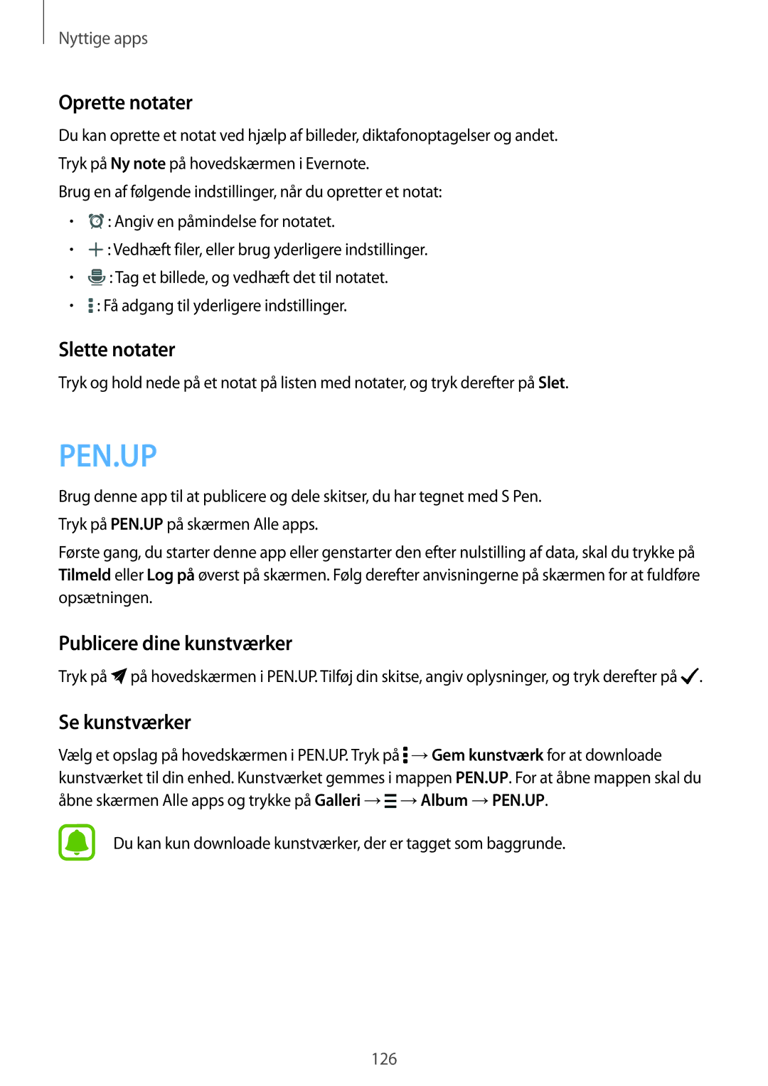 Samsung SM-N910FZIENEE, SM-N910FZWENEE manual Oprette notater, Slette notater, Publicere dine kunstværker, Se kunstværker 
