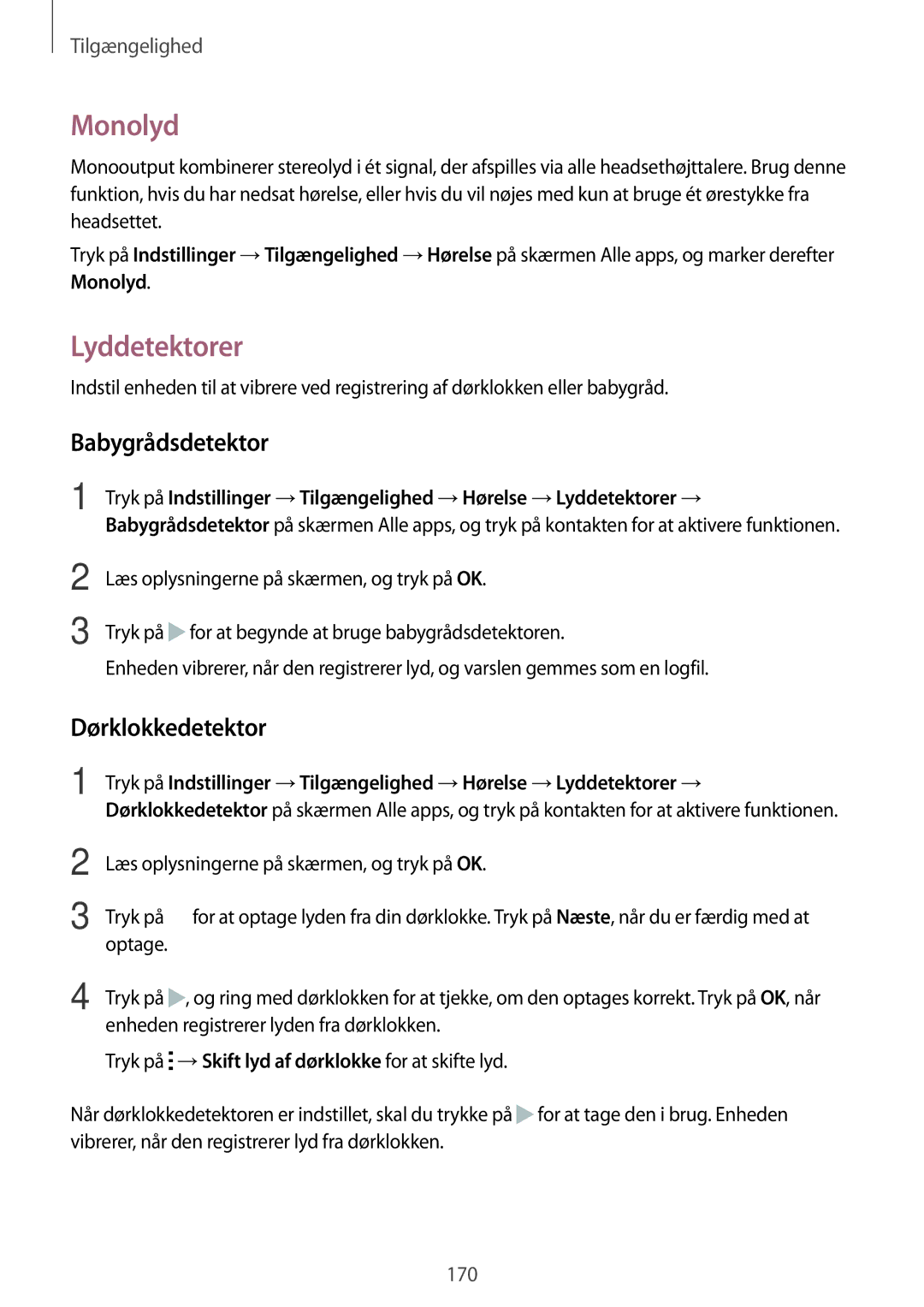 Samsung SM-N910FZIENEE, SM-N910FZWENEE, SM-N910FZDENEE manual Monolyd, Lyddetektorer, Babygrådsdetektor, Dørklokkedetektor 